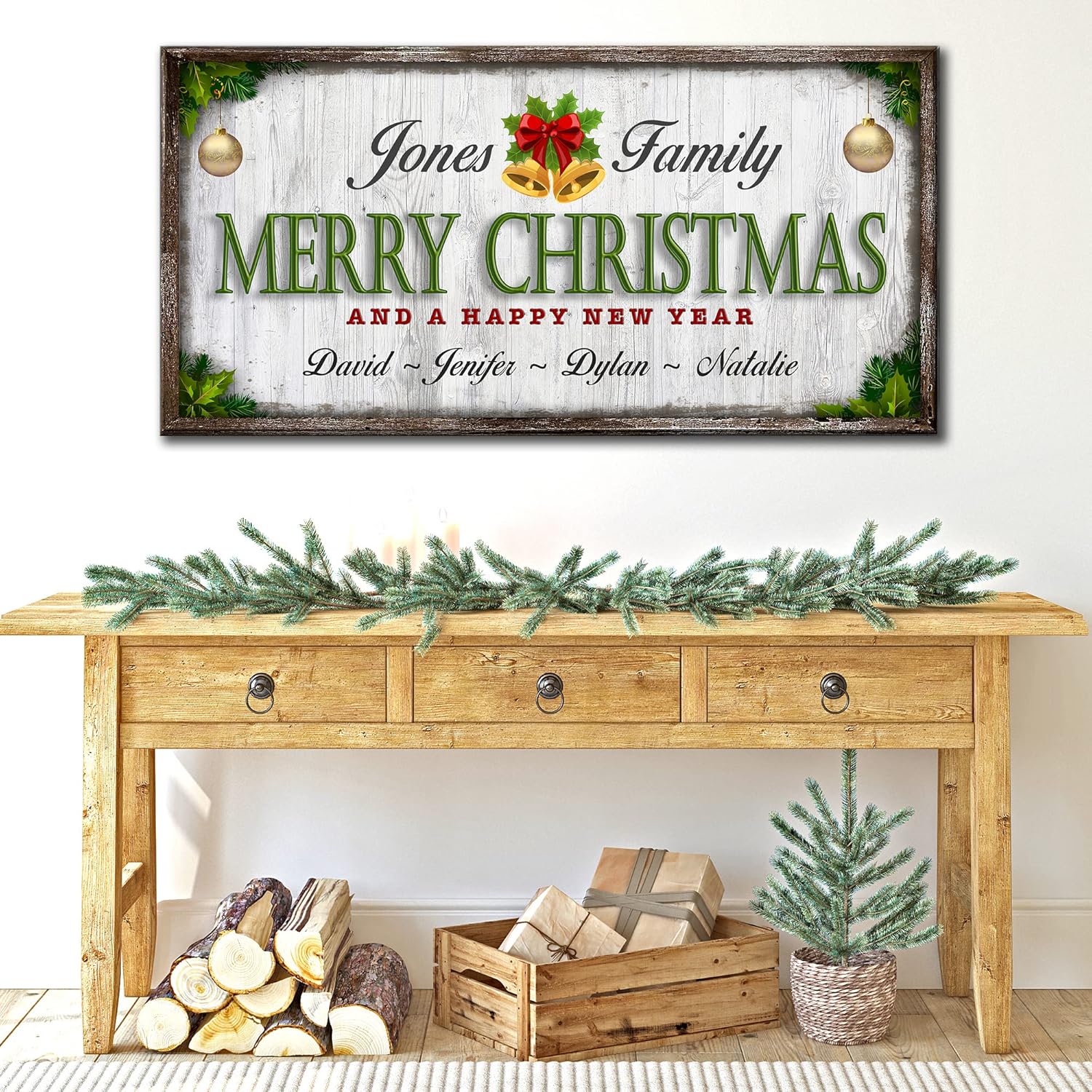 Tailored Canvases Merry Christmas Sign Family Sign Custom Large Wall Decor for Indoor, Office, Fireplace, Living room, & Bedroom - Personalized Wooden Rustic Christmas Canvas Wall Decoration - 36x12in