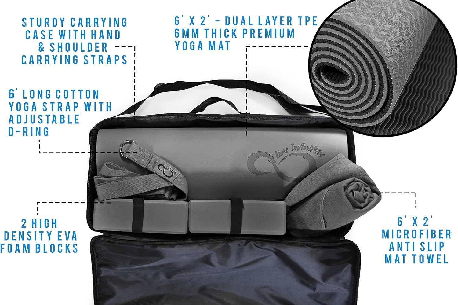 Complete 6 Piece Yoga Set by Live Infinitely- 6mm Dual Layer Non-Slip TPE Yoga Mat, 2 EVA Foam Blocks, 6’ Cotton Strap, Mat Sized Exercise Towel & Carrying Case- Perfect Kit For Any Yogi & Beginners