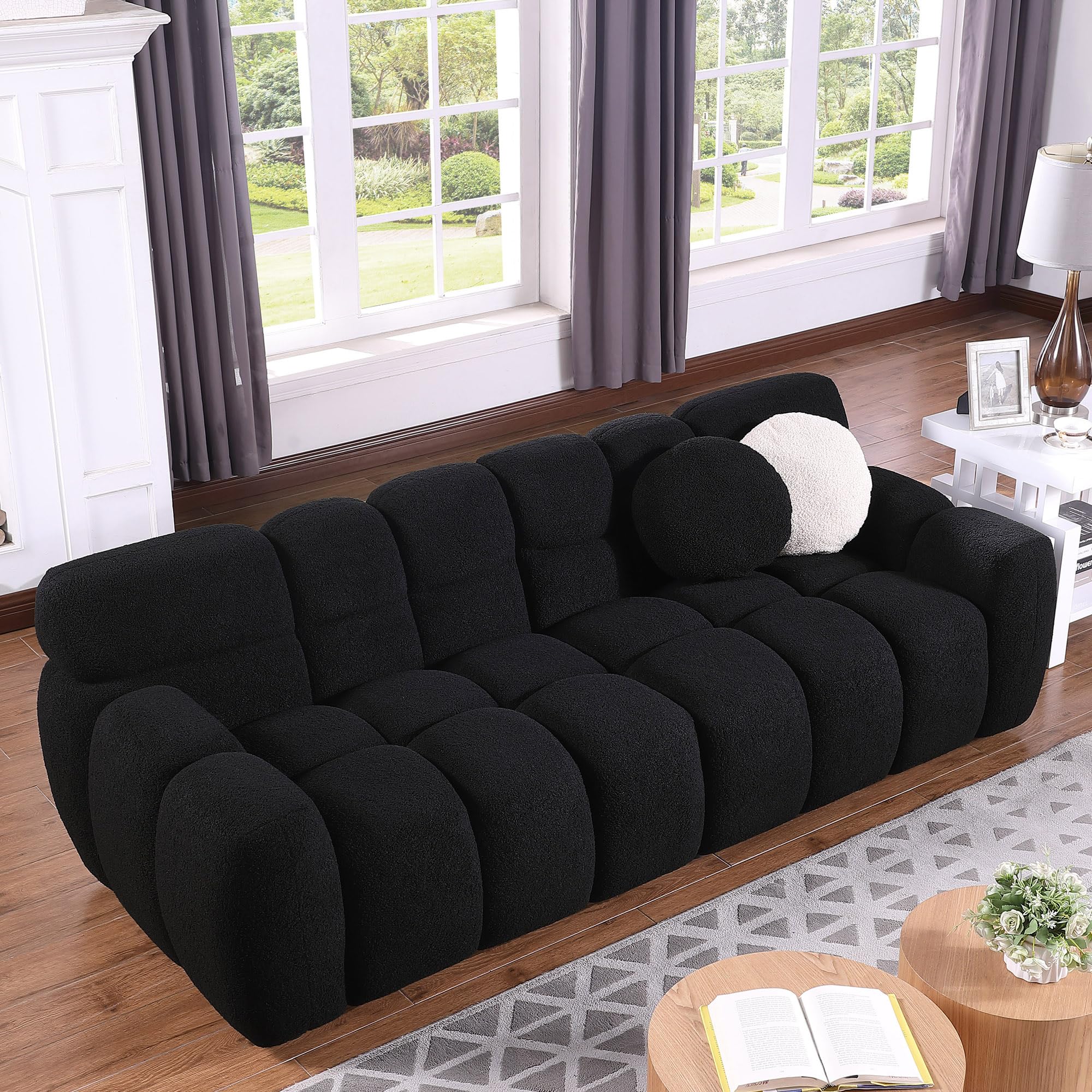 86.5” boucle sofa, modern large tufted 3 seater sofa couch with 2 pillows, comfy marshmallow sectional couches for living room, bedroom, apartment(black)