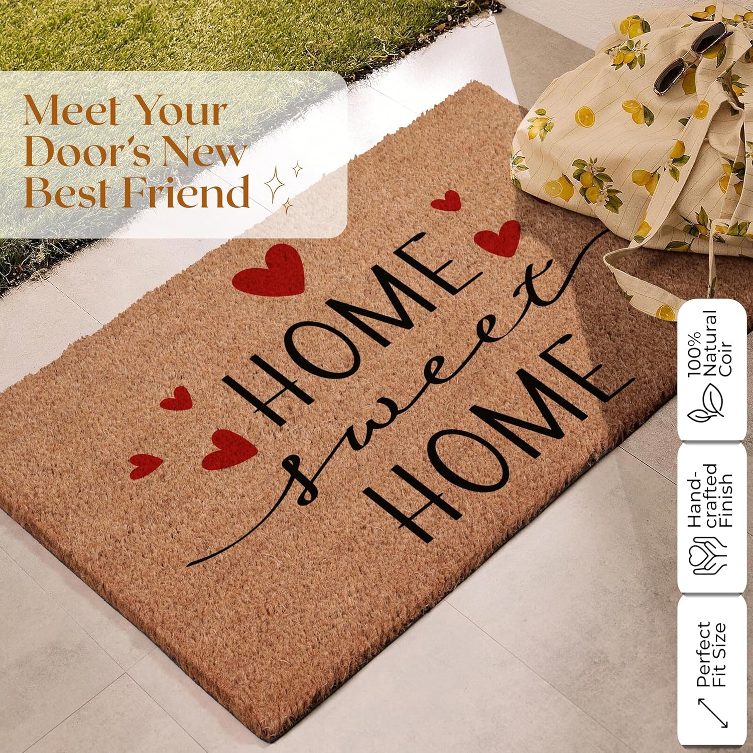 Coir Door Mats 17" X 30", Non-Slip Sturdy, PVC Backed Heavy Duty, Easy to Clean, Ideal for Door Entrance, Patio, Porch, Backyard, Garages, Home Sweet Home with Hearts