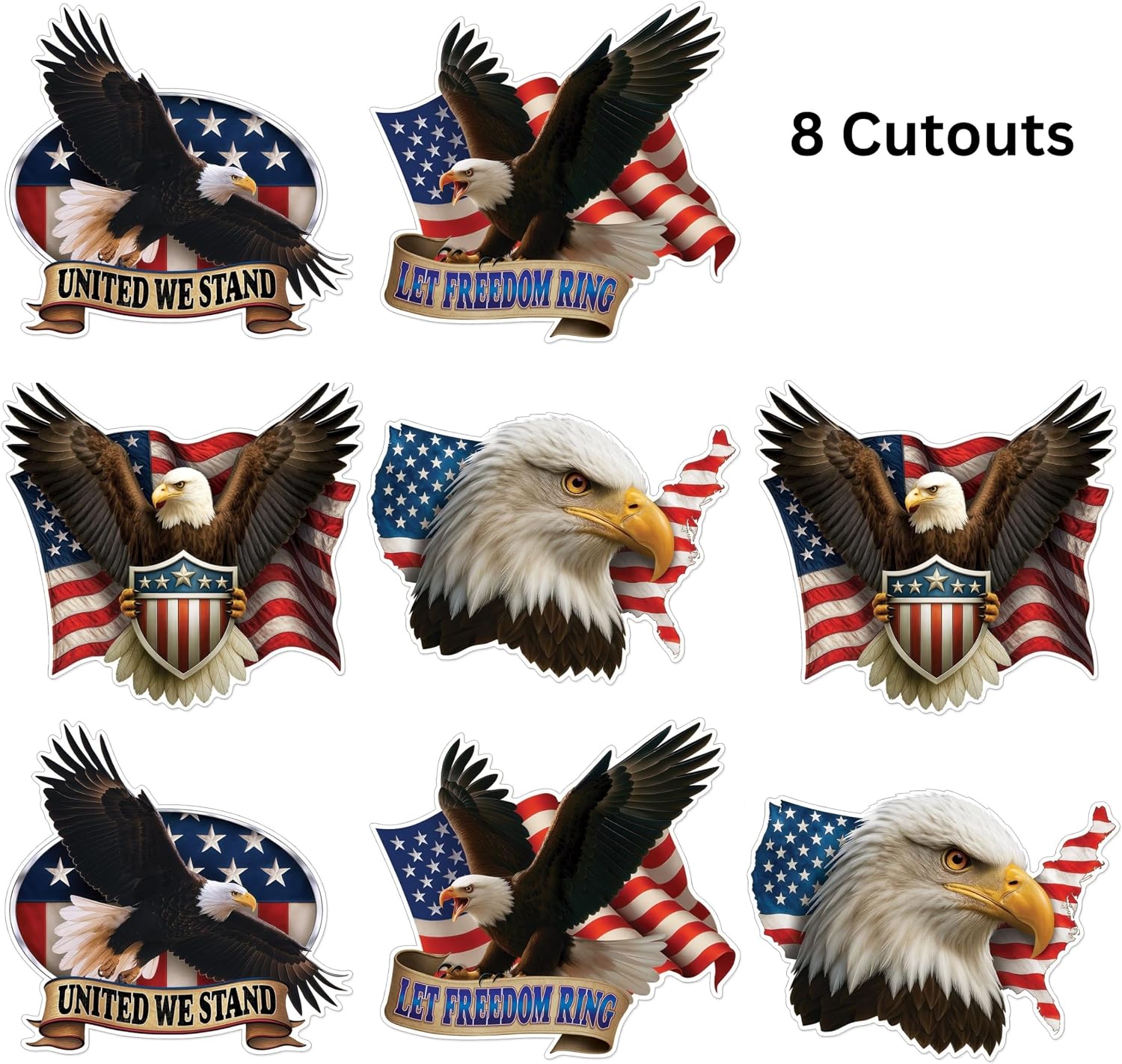 Beistle Patriotic Eagle Cutouts – 8 Pack, American Flag Bald Eagle Decorations, USA Independence Theme Wall Décor, Fourth of July Party Supplies, Red White Blue Holiday Event Accents, 9"–12¼"
