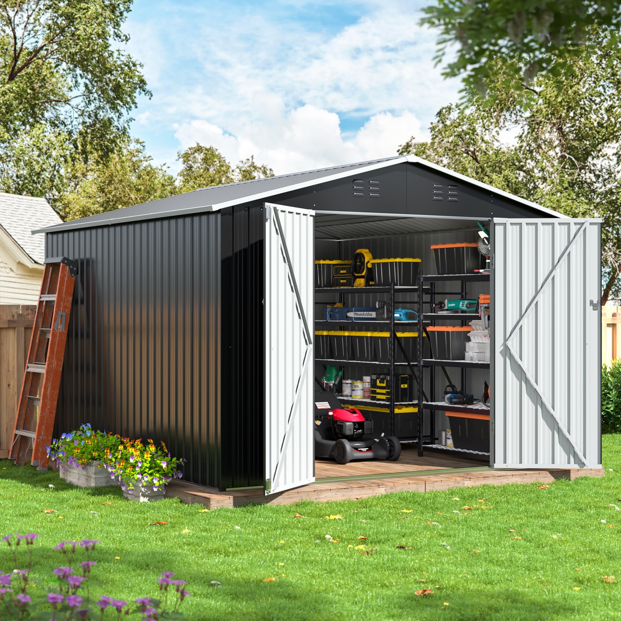 10x9 FT Large Storage Shed, Metal Outdoor Shed with Updated Frame Structure, Tool Sheds for Garden Backyard Patio Lawn, Grey