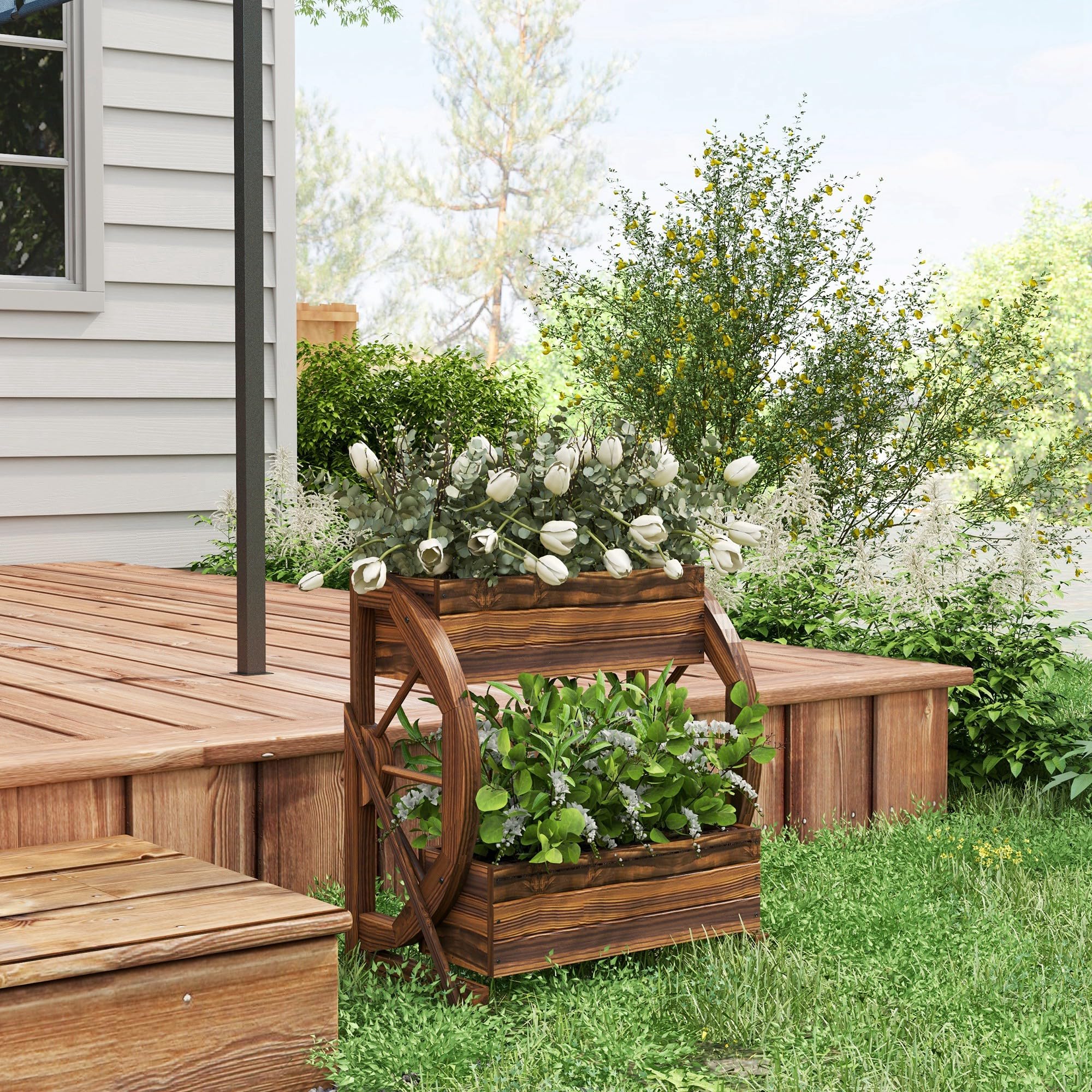 Outsunny Jardinière en Bois à 2 Niveaux pour l'extérieur, Potager surélevé avec 2 Pots et Roues de Chariot de Style campagnard, 55x32x56cm