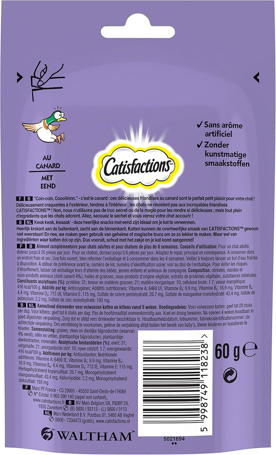 Catisfactions Friandises Pour Chat Gout Canard Recompenses Pour Chats Adultes Et Chatons Pack De 6 Sachets De 60 G Amazon Fr Animalerie