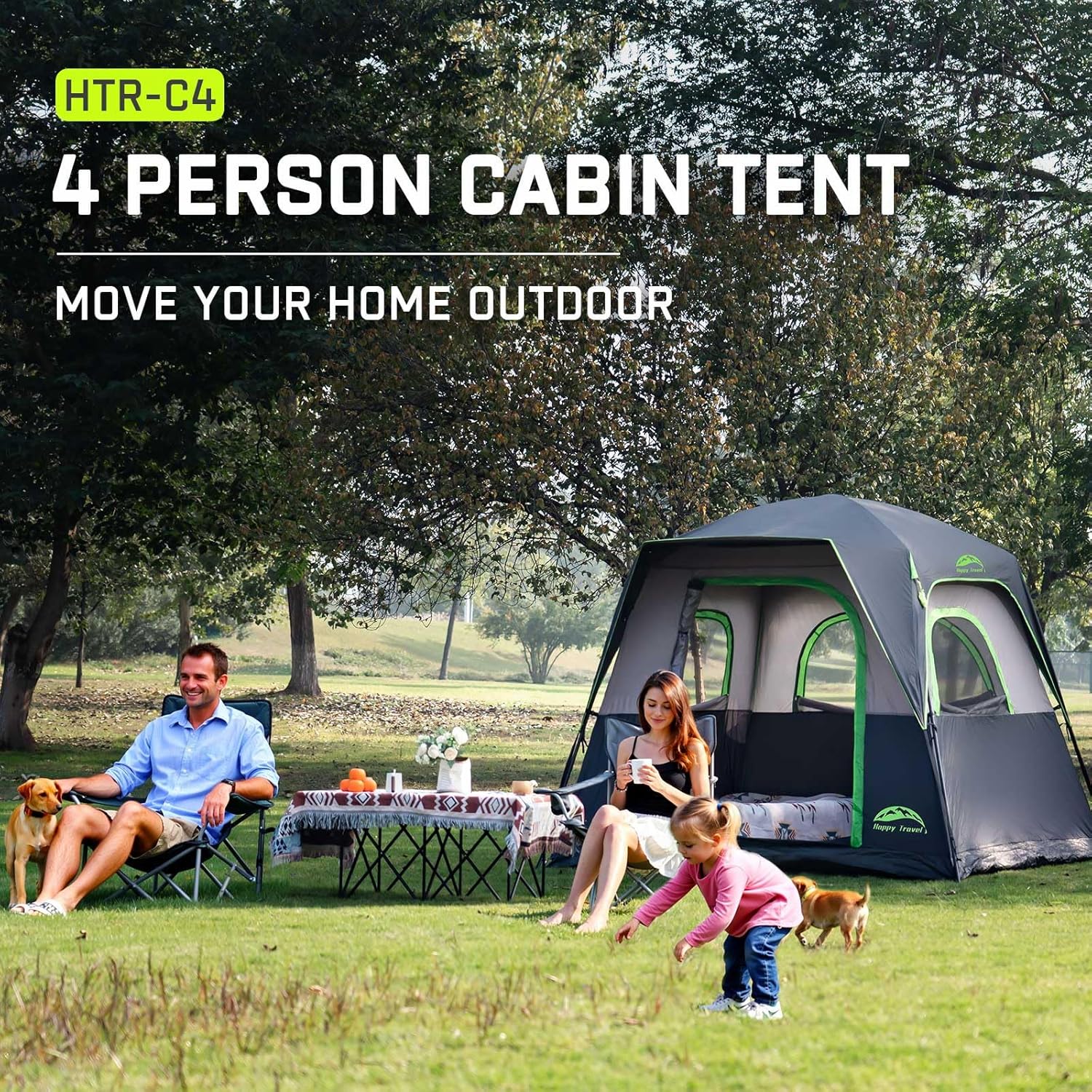 Happy Travel Tent 4 Person Tents for Camping, Waterproof Easy Setup Camping Tent with Top Rainfly, Portable Tall Cabin Tent with 4 Mesh Windows and Carry Bag for Outdoor Camping & Hiking