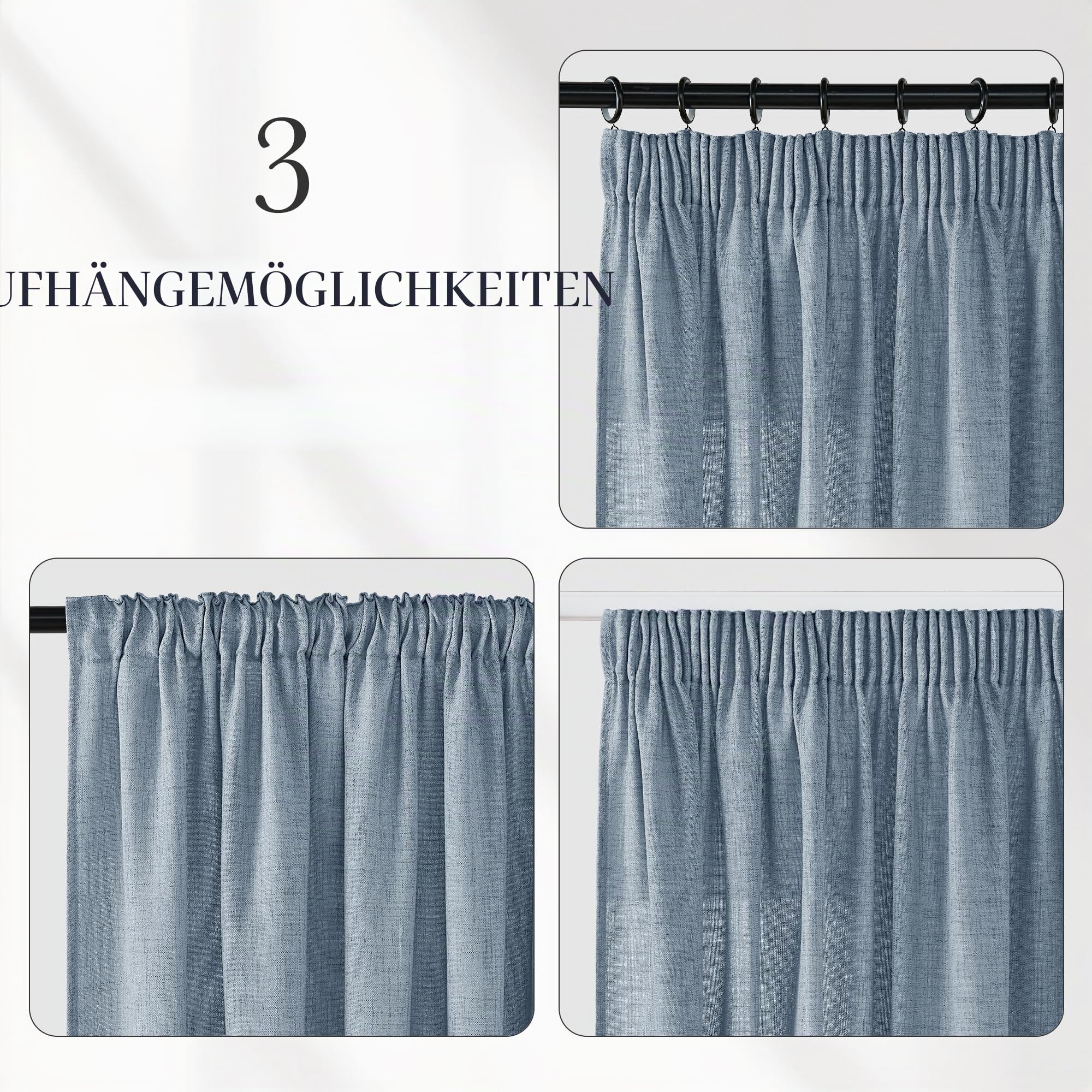 PONY DANCE Extra Breite Gardine Leinenoptik Vorhang Kräuselband | 1er Set H245 x B300 cm, Taubenblau, für Schiene, Lichtdurchlässig, Halbtransparent, Kinderzimmer Dekoration, Boho Style