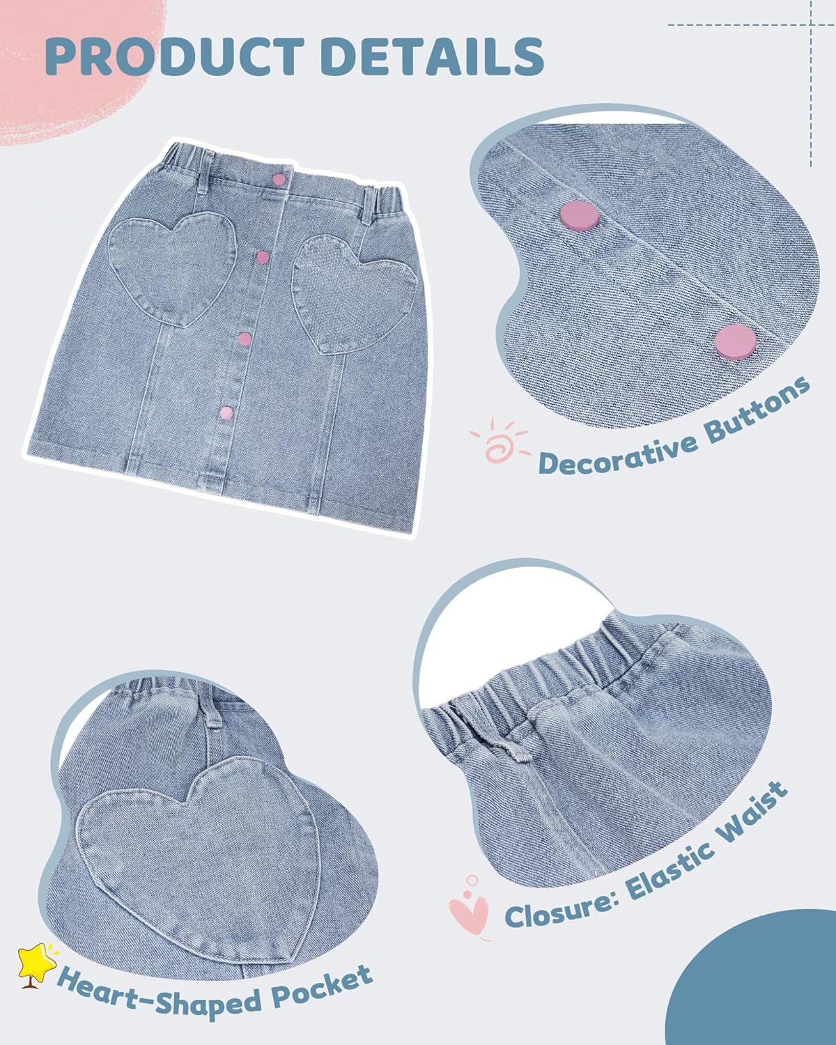 Girls Denim Skirt Jean Skirt for Toddler Girls Summer Kids Denim Skirts with Heart Pockets A-Line 4T-9Y - Image 5