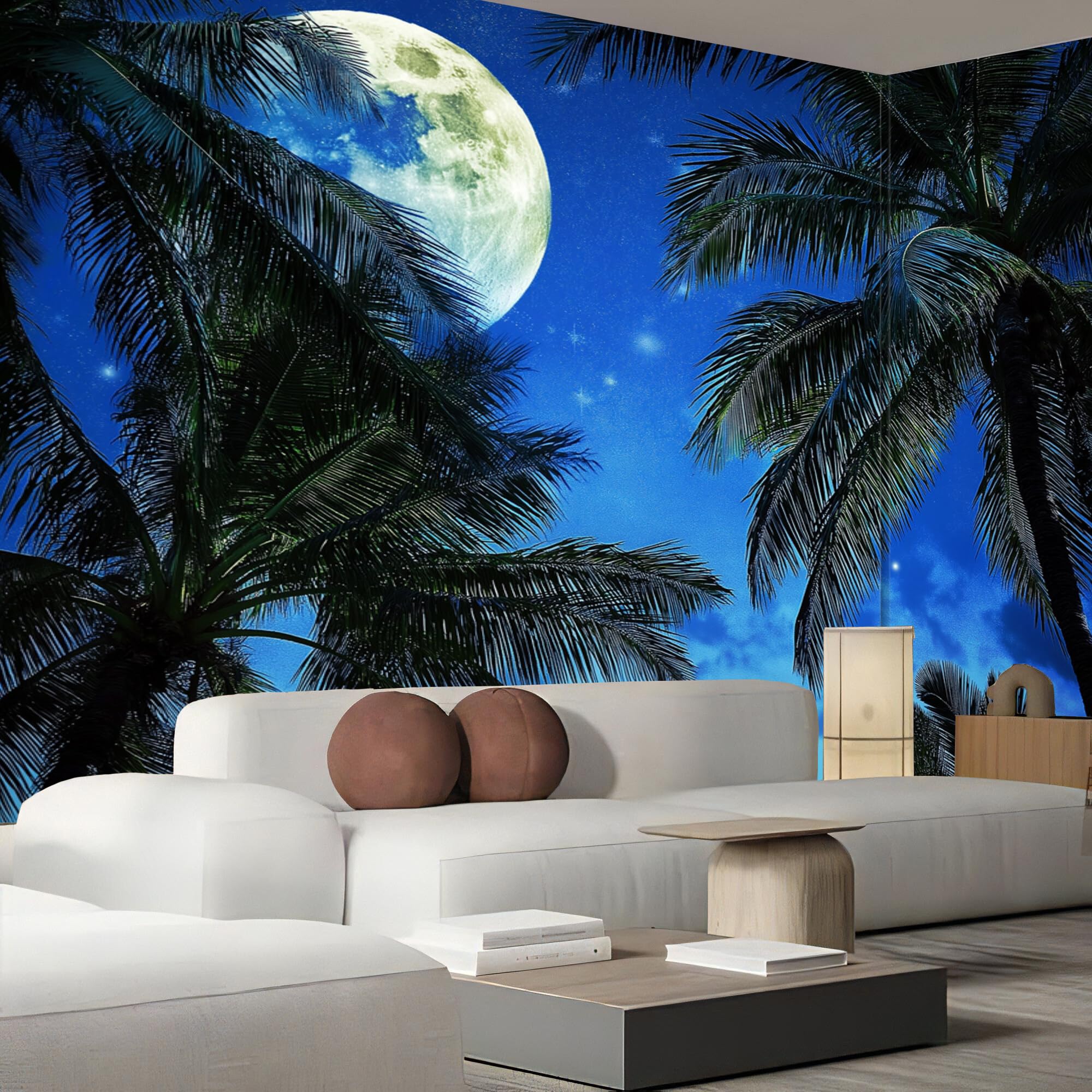Carta Da Parati 200X140Cm Palma Della Luna Fotomurali Seta Murale Alla Decorazione Da Muro Xxl Poster Cameretta Per Camera Da Letto Soggiorno Paesaggio Tropicale 3D Pittura Blu-Verde