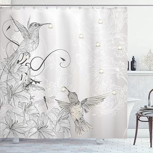 Ambesonne Cortina de ducha de colibrí, ornamental floral, vintage, dibujada a mano, pájaros voladores, perlas, mariposas, juego de decoración de