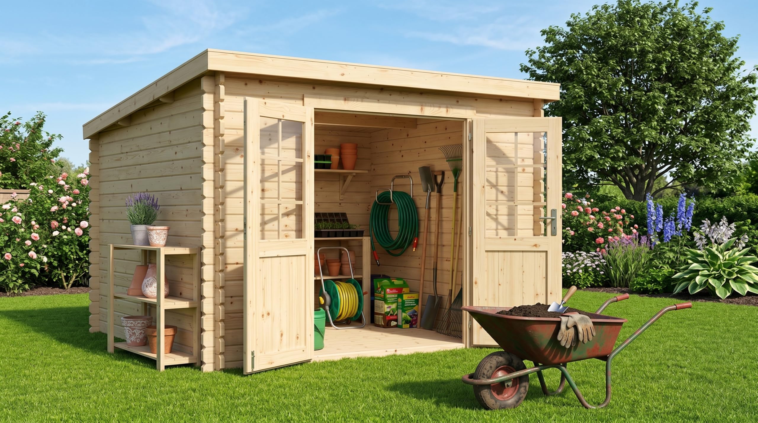 Holz Gartenhaus Blockbohlenhaus Houston | Wandstärke 28 mm | Naturbelassen | B x T x H: 310 x 298 x 226 cm | Doppeltür Mit Echtglas (298 x 309 x 203 cm)