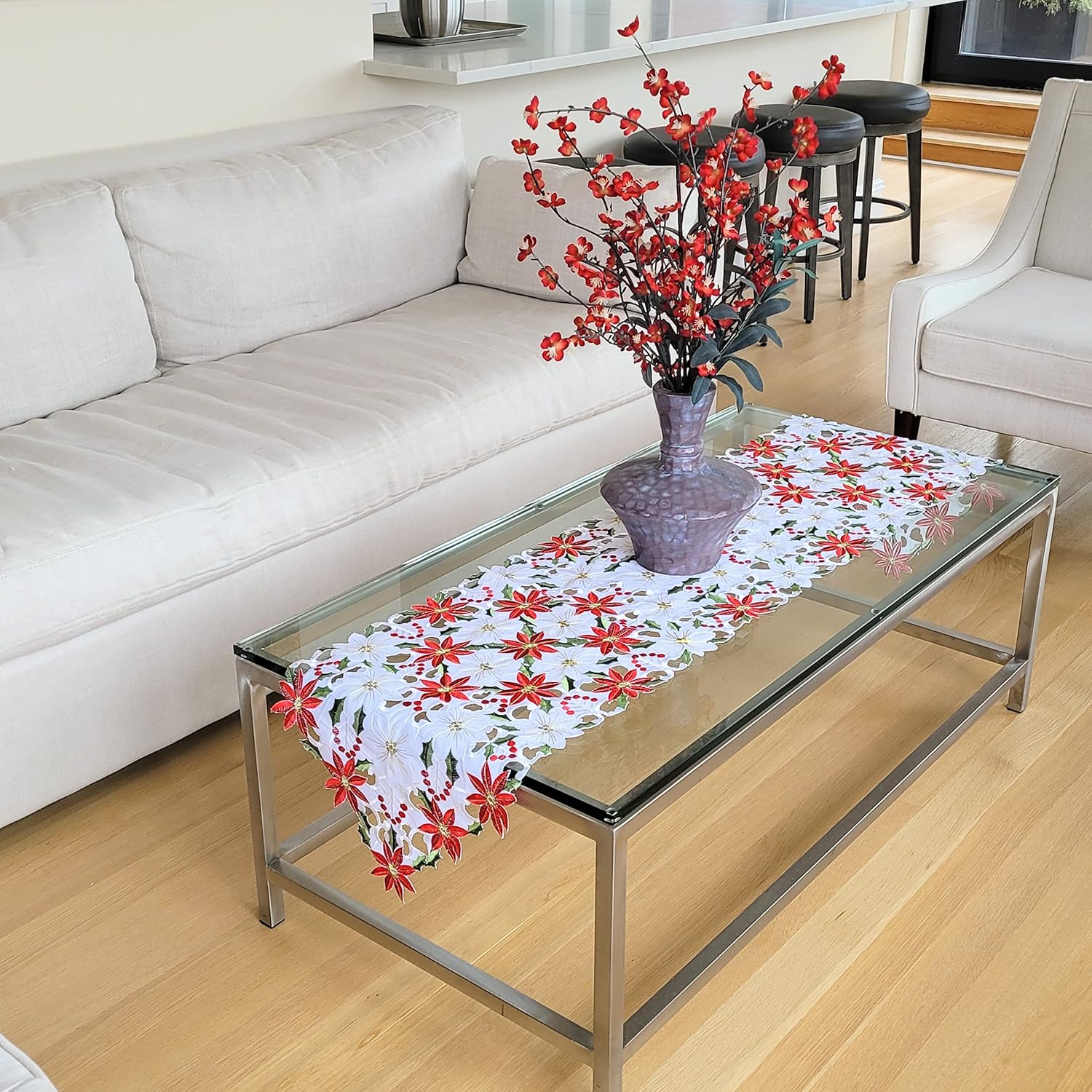 Embroidered Christmas Table Runner and 4 Doily Table Mats Set Beautiful Poinsettia Flower & Holly Leaf Design, White, Red, Green (Christrun2021)