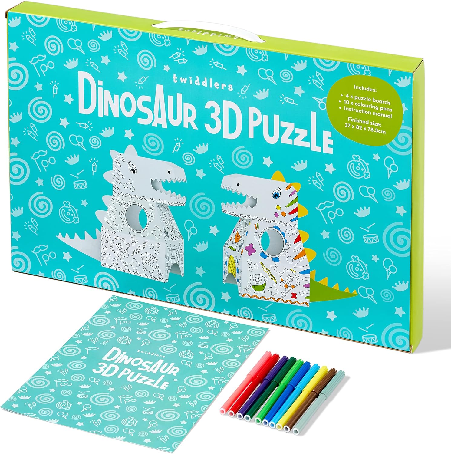 THE TWIDDLERS 3D Dinosaur Cardboard Wearable Puzzle, Build & Colour in, 10 Colouring Pens