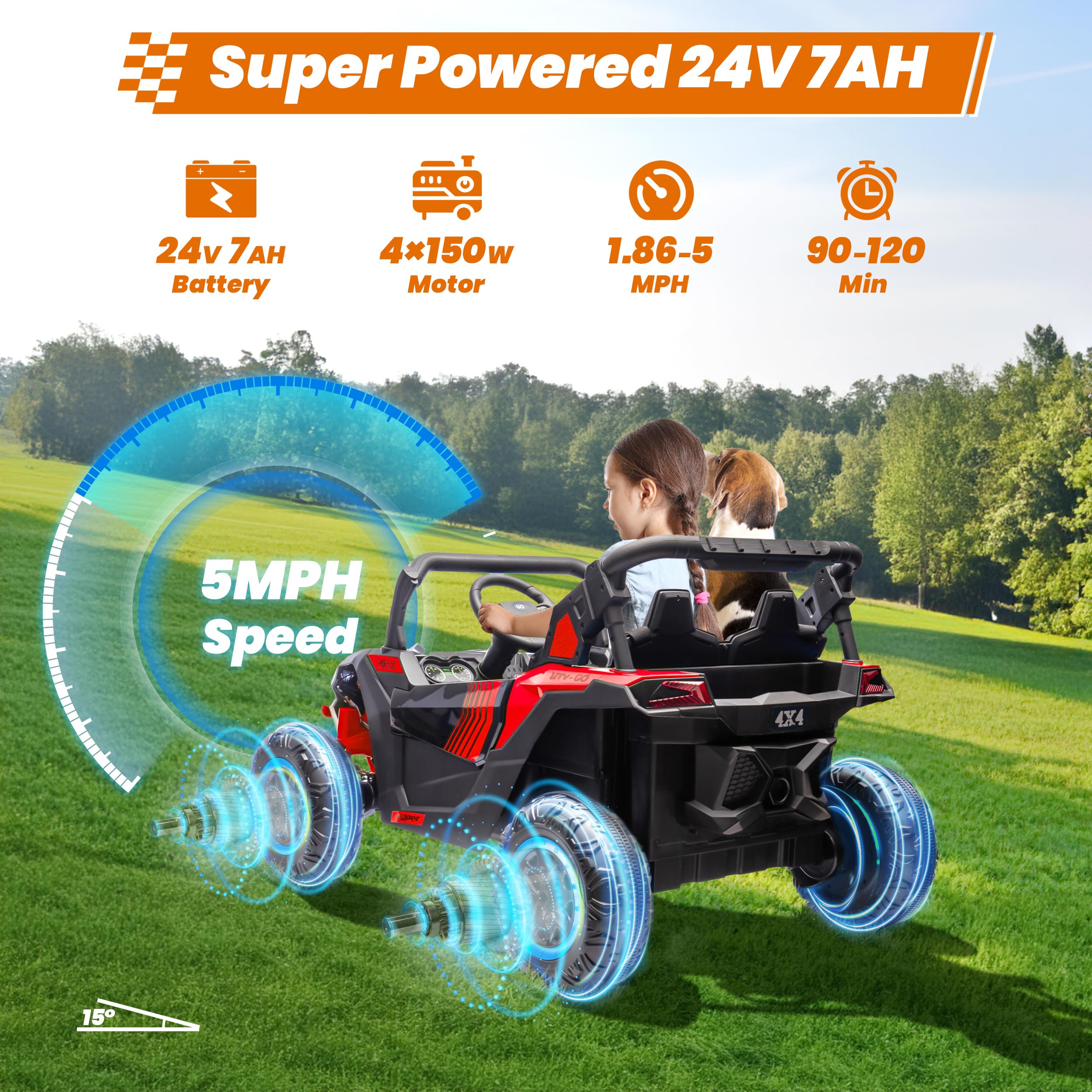 ANRLI 24V Ride on Car 2 Seater Ride on Toys for Big Kids 4WD 4X200W Off-Road Powerful UTV Ride on Truck Electric Vehicle Birthday Gift for Boys & Girls Ages 3-8, Red - 3