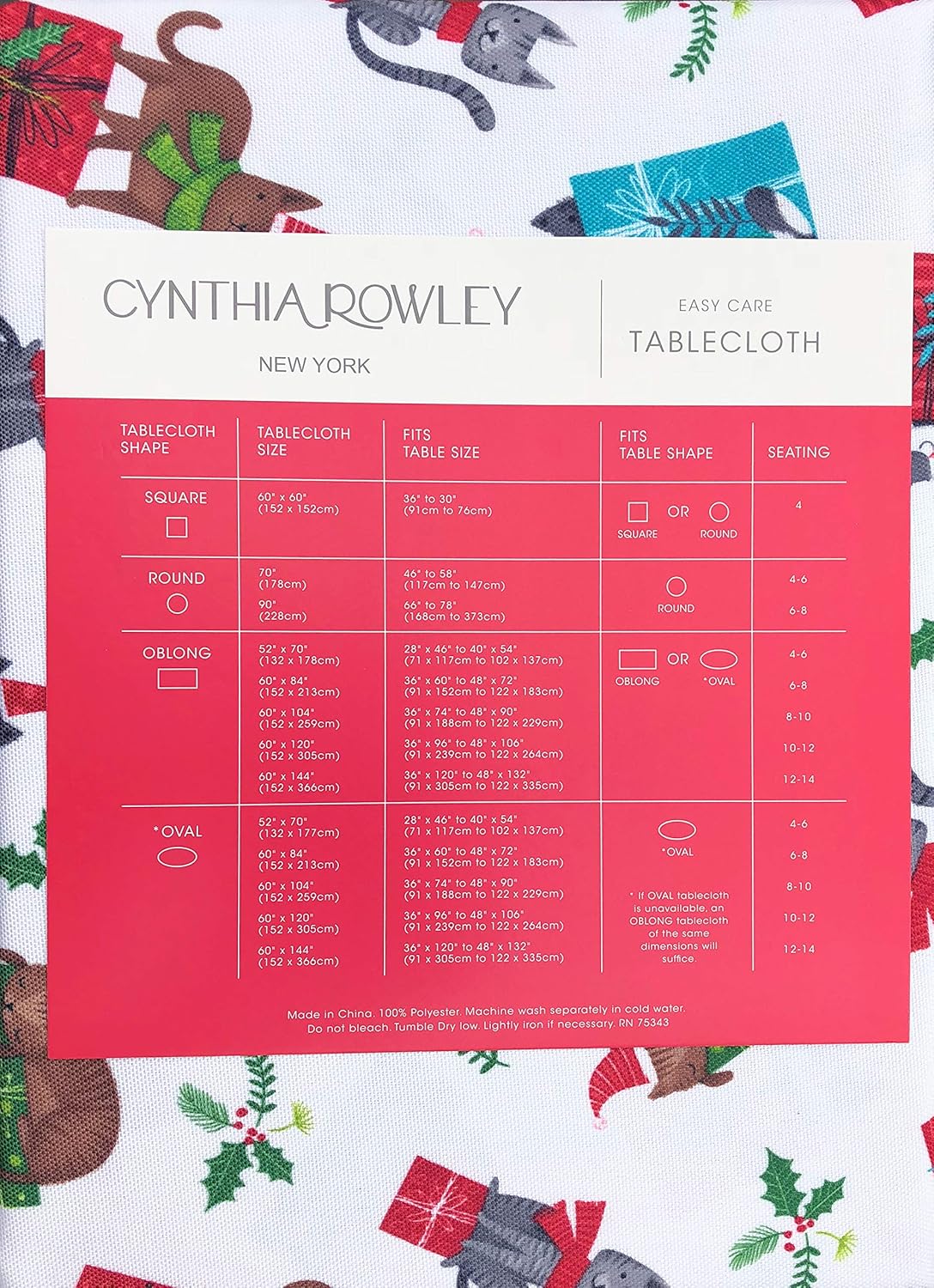 Cynthia Rowley Easy Care Holiday Tablecloth Happy Christmas Cats Hats Scarves on Gift Wrapped Presents Holly Berries White 60 Inches by 104 Inches