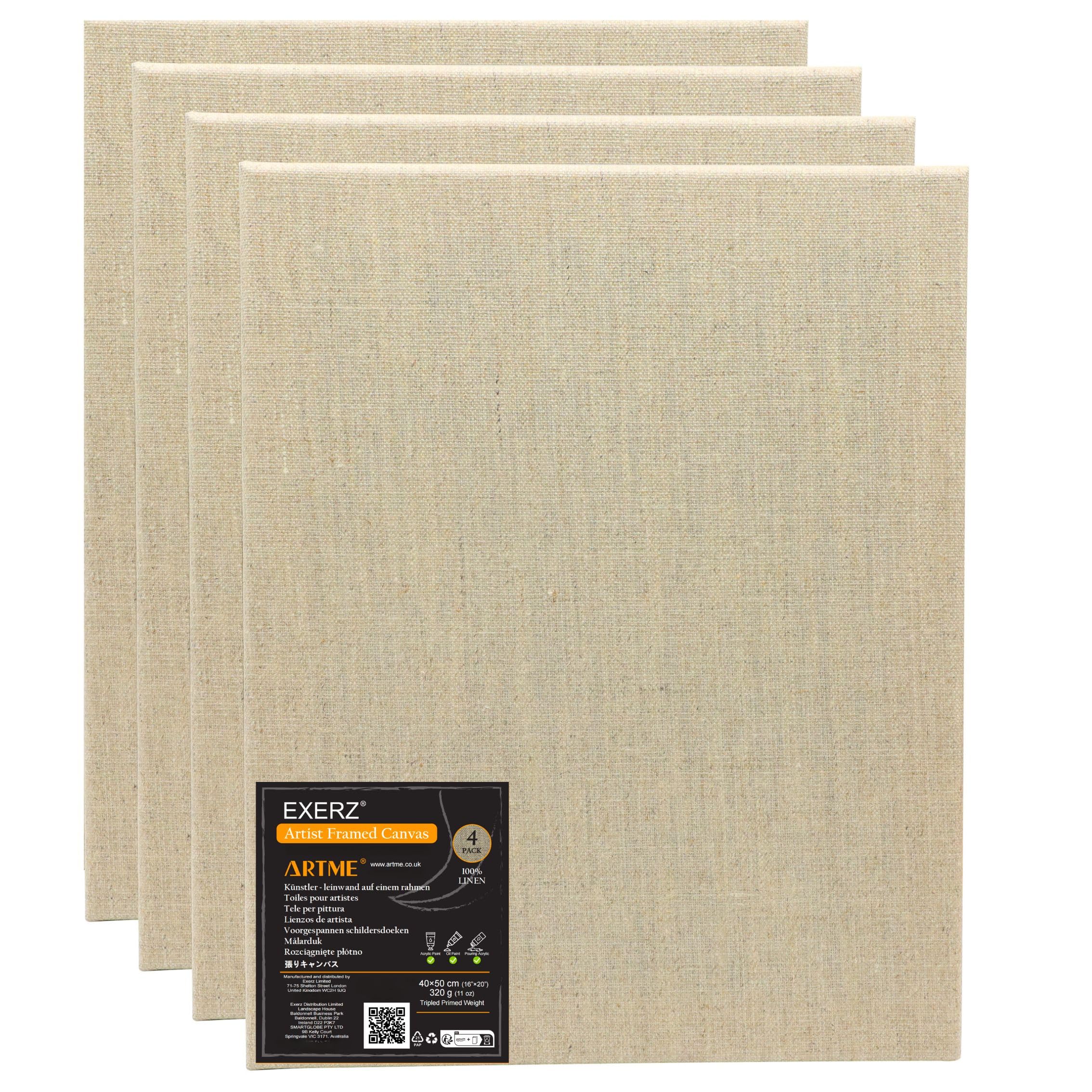 EXERZ 40x50 cm Leinwand mit Leinenrahmen, 4 Stück – vorgespannte Leinwand, 320 g/m²/dreifach grundiert/säurefrei/mittlere Körnung/ungebleichtes reines Leinen – Öl- und Acrylmalerei