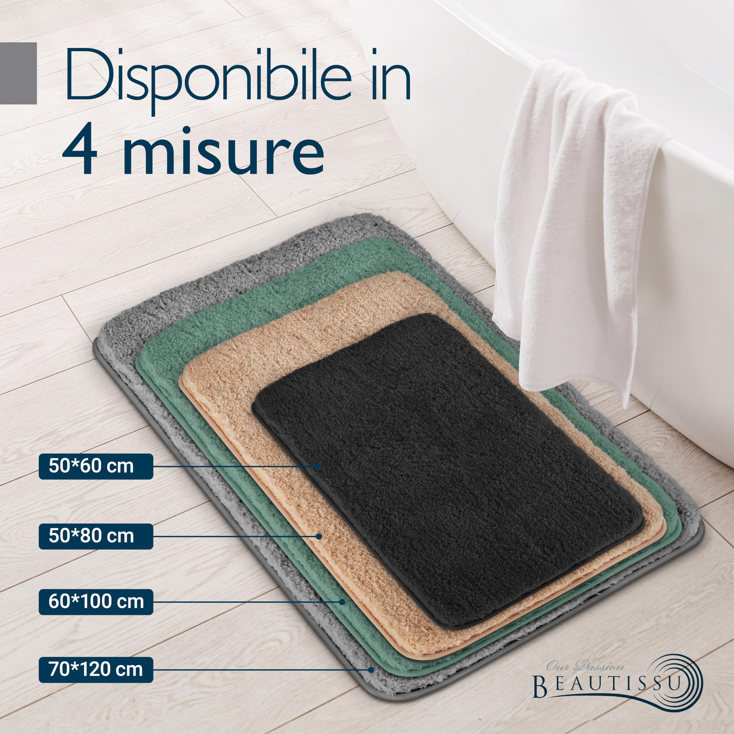 Beautissu Tappetino da bagno antiscivolo in pelo alto per doccia vasca e WC | 120x70cm beige morbido in microfibra anche per pavimenti riscaldati ottica shaggy Tappeto lavabile scendidoccia BeauMare FL