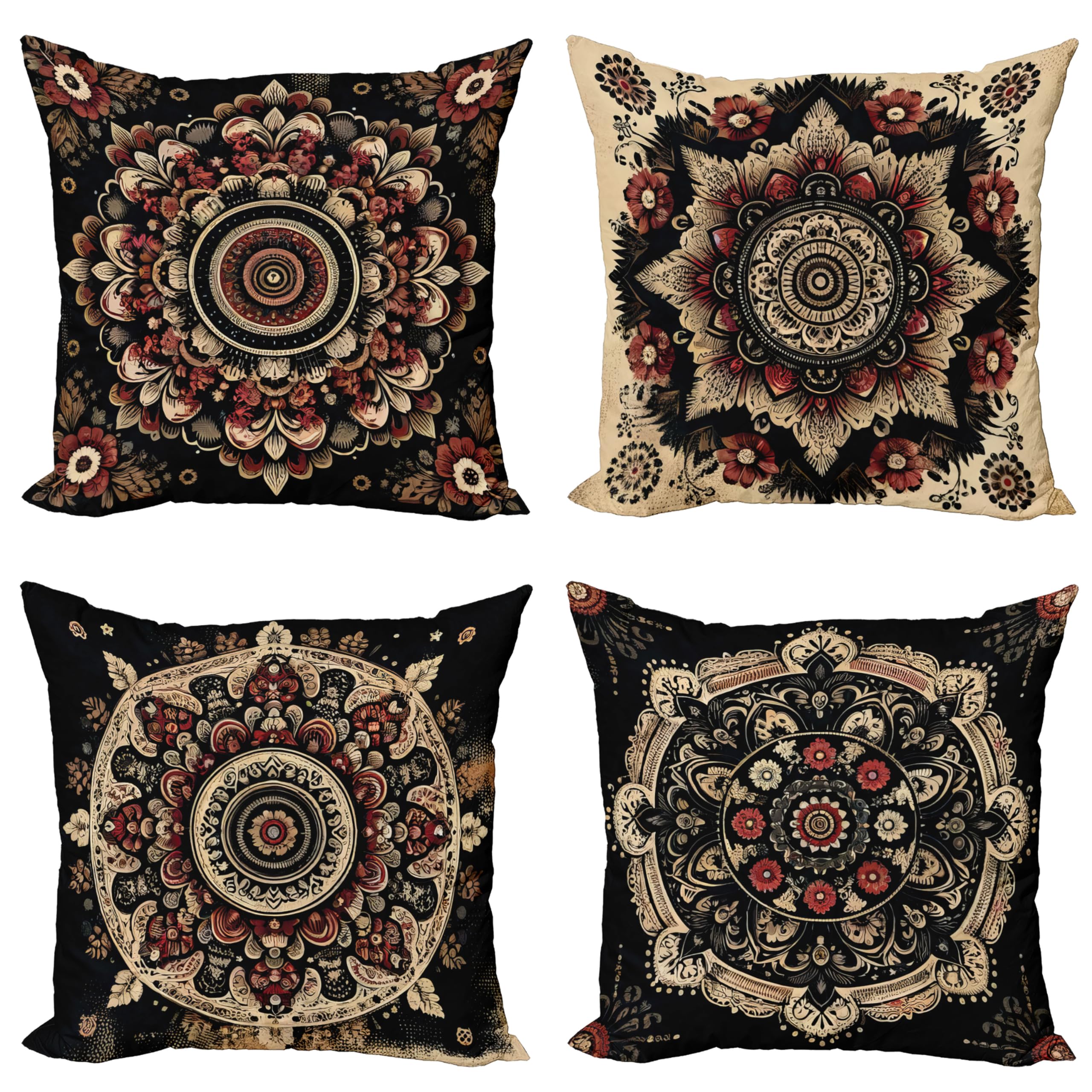 Ambesonne Mandala Throw Pillow Cushion Cover Set of 4, Bohemian Style Circular and Oriental Motif with Botanical Leafy Details, Decorative Accent Double-Sided Printing, 18", Black Beige and Ruby