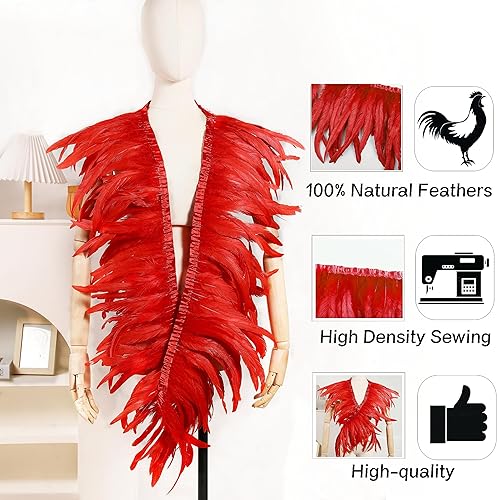 Miniatura 2 de Holmgren Borde de plumas de gallo rojo, 10-12 pulgadas, 2 yardas, plumas de gallo natural, ribete de flecos para manualidades de costura, chal de