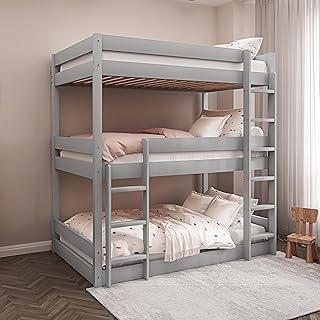 Blisswood Bunk Bed, 3ft Triple Bunk Bed With Ladder High Sleeper Kids Bed, Solid Pine Wood Kids Children Bed frame for Bedroom, Grey (L197 x W96 x H198 cm)
