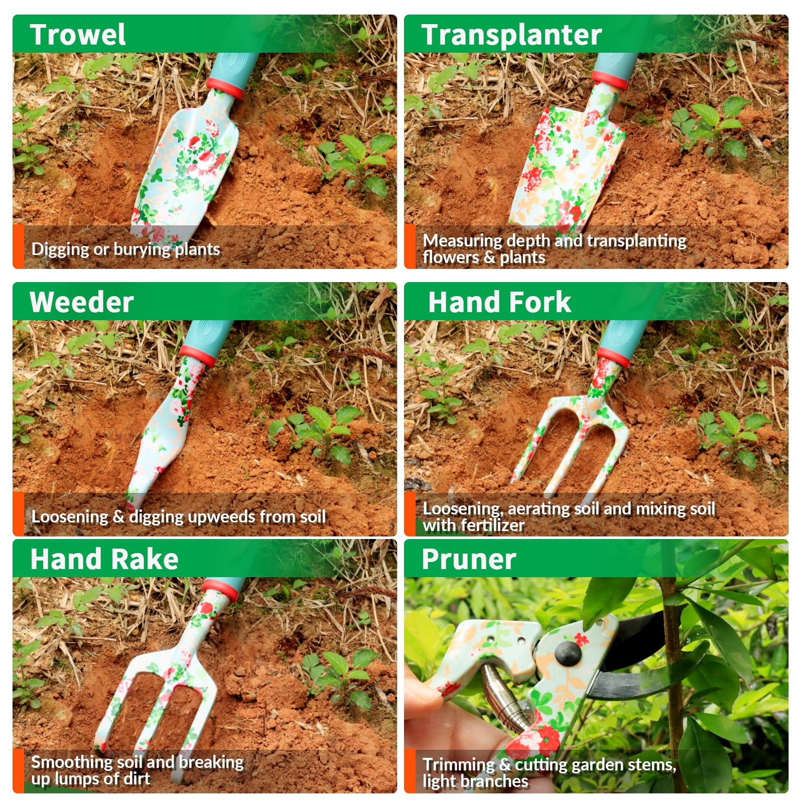 Juego de herramientas de jardín, 10 piezas de herramientas de jardinería resistentes, incluye pala de mano, rastrillo, podadora, regalos de jardinería para mujeres, kit de jardín con bolsa