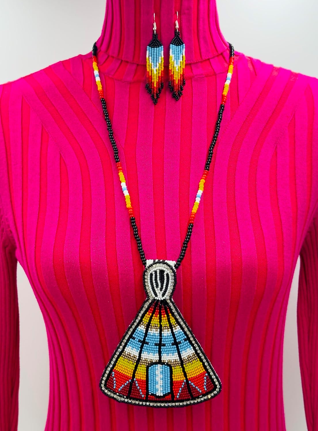 Handmade Beaded Tepee Necklace and Earrings Set, 17 Inch Drop, Multicolor with Czech Beads