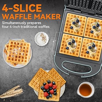 Bakers Friend Belgian Waffle Maker, Square Waffle Iron, Waflera Electrica, Non Stick Cooking Plate, Classic & Multi Waffle Makers, 4-Slice, Aqua