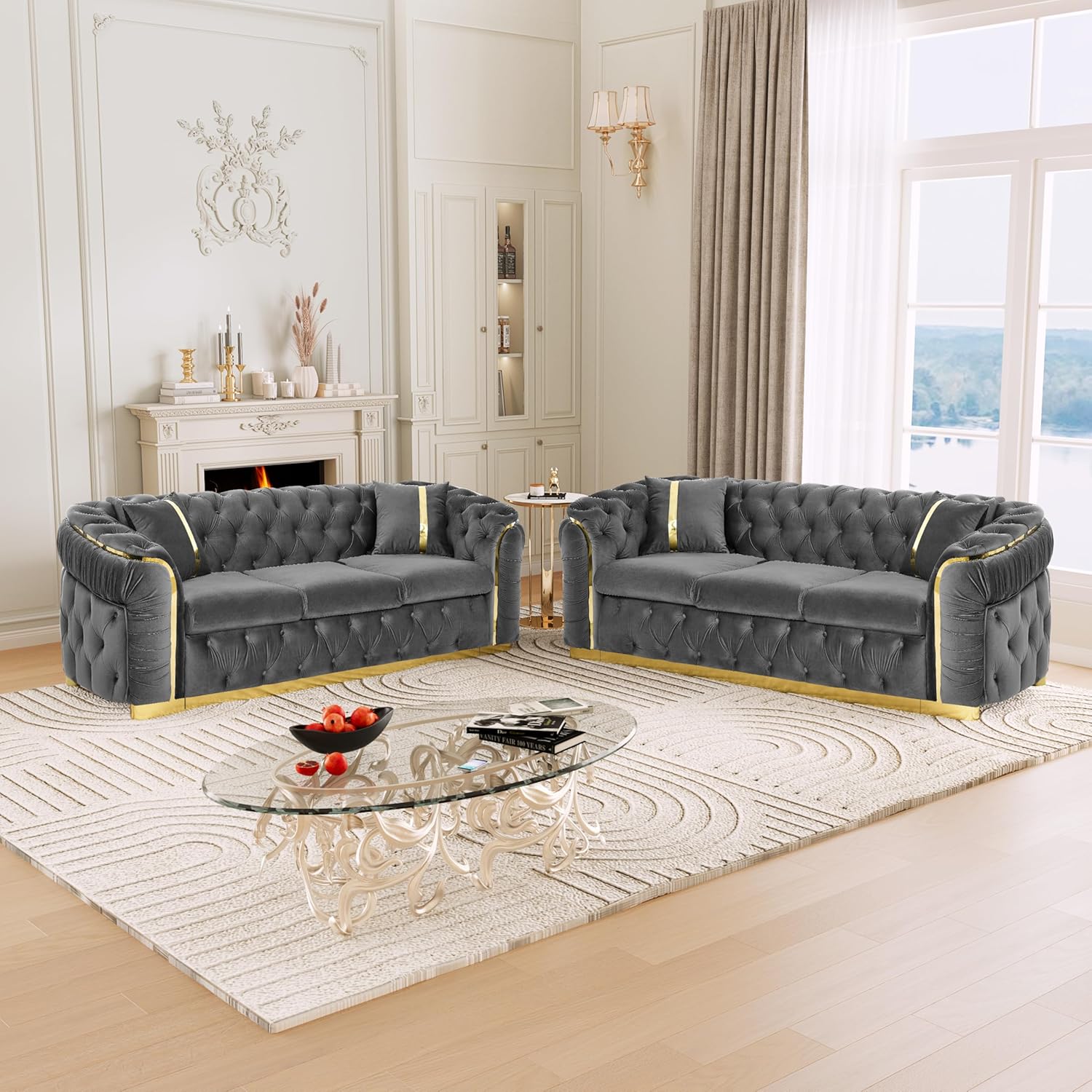 KEIKI 2-Piece Luxury Chesterfield Sofa Set with 2 Oversized Velvet 3-Seater Sofa, Upholstered Modern 6-Seater Button Tufted Couch Set with 4 Pillow, Gold Stainless Decoration, for Living Room, Gray