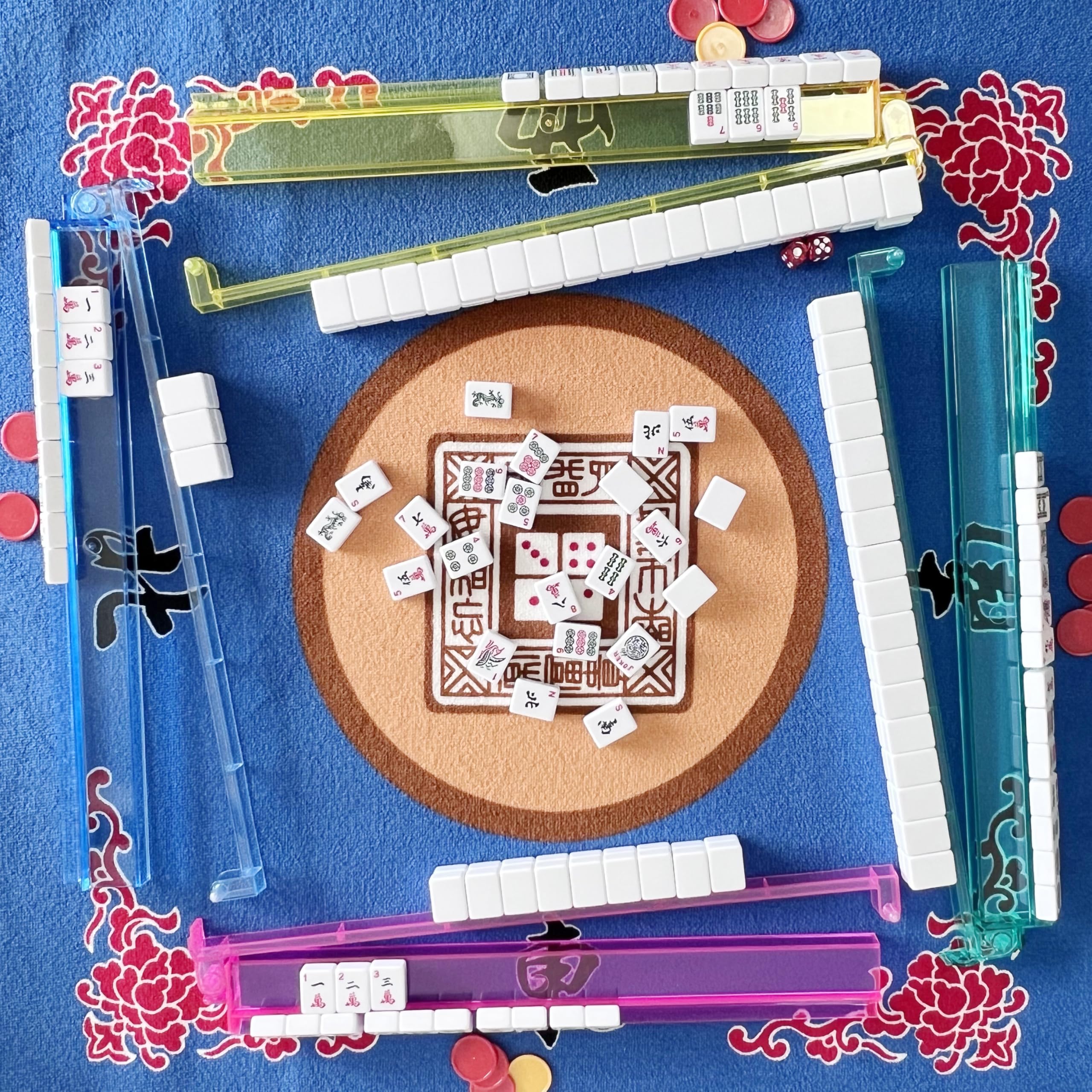 DNB Mahjong - Set di 4 mahjong in acrilico trasparente con pusher integrati, multicolore