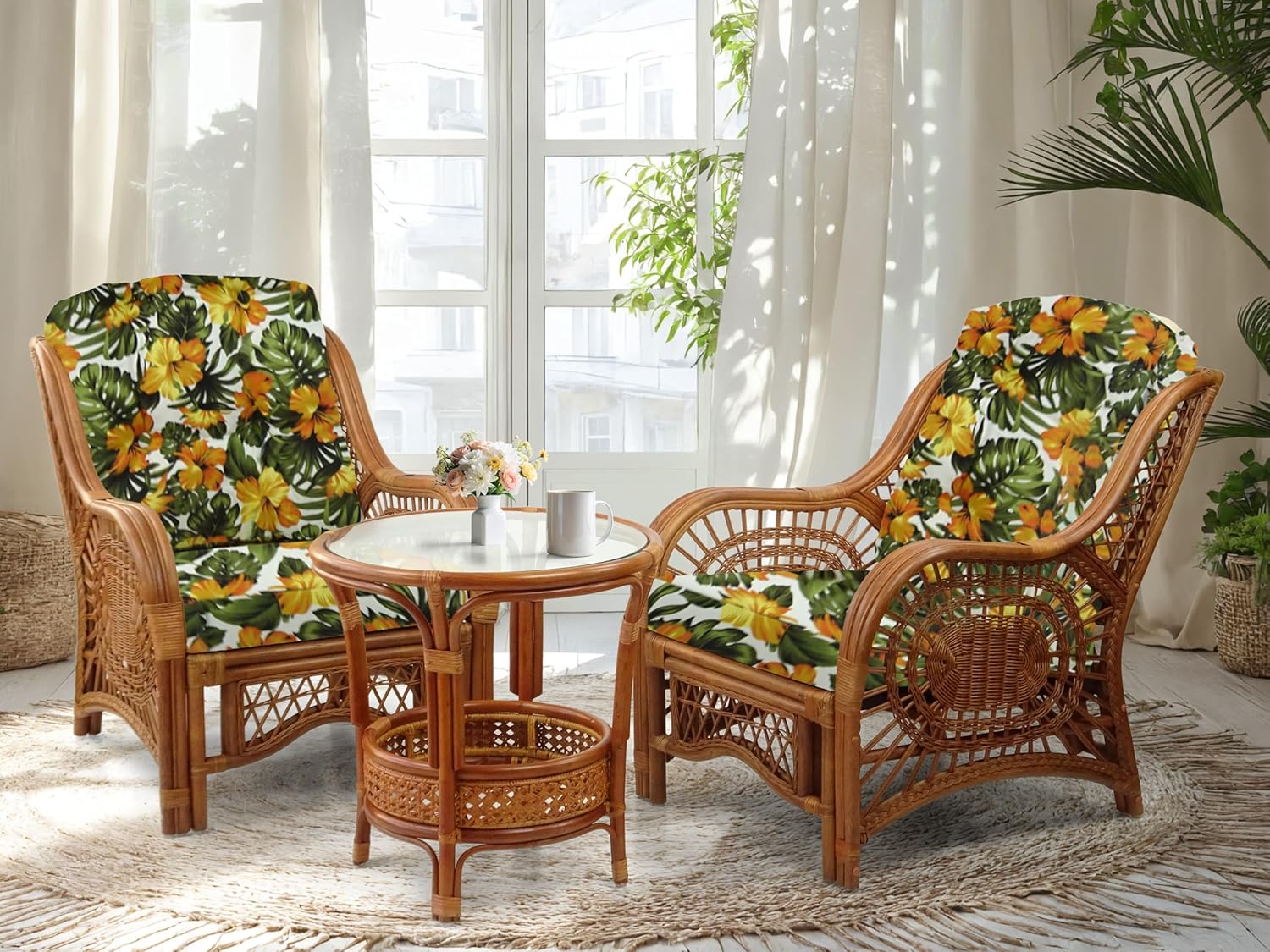 Malibu Lounge Living Accent Armchair Natural Rattan Wicker Handmade Design, Colonial Color with Floral Cushion