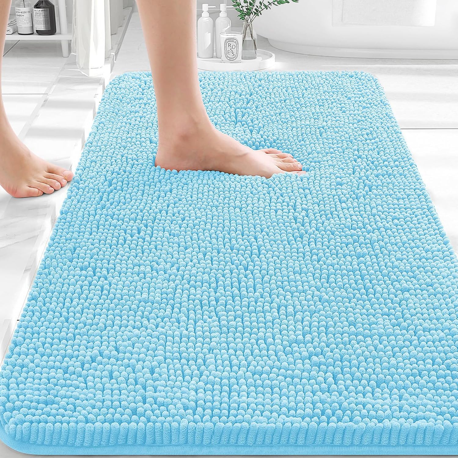 OLANLY Bathroom Rugs 30x20, Extra Soft Absorbent Chenille Bath Rugs, Rubber Backing Quick Dry, Machine Washable Bath Mats for Bathroom Floor, Tub and Shower, Home Decor Accessories, Sky Blue
