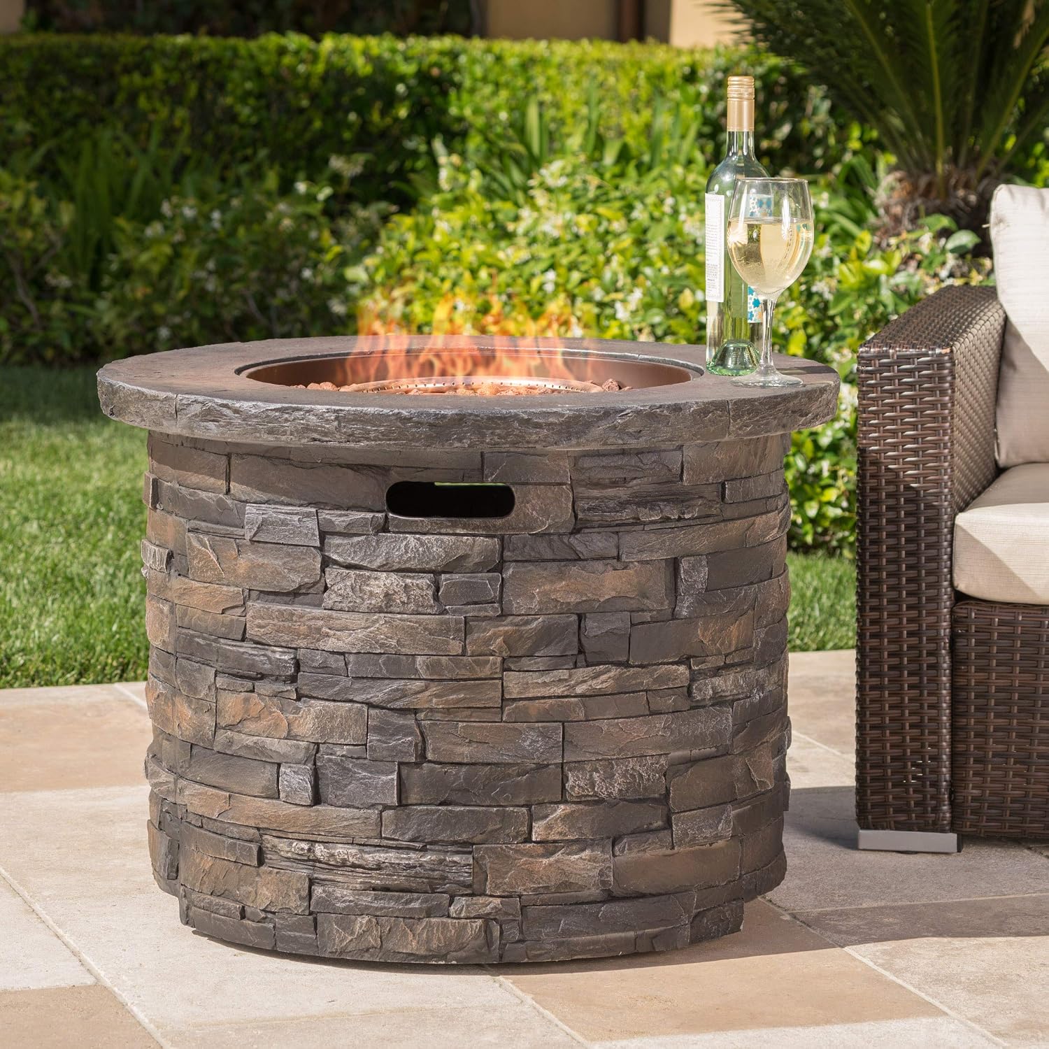 GDFStudio Patio Furniture Outdoor Round Propane Gas Fire Pit Table - 40,000 BTU - Grey Stone