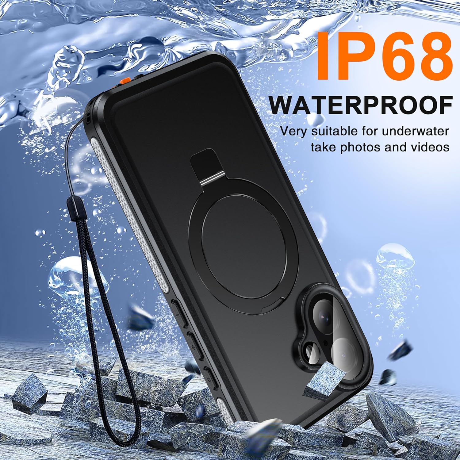 Oterkin Magnetic Waterproof for iPhone 17 Case with [Built-in Screen Protector][Invisible Kickstand][Fit for MagSafe][360º Full Body Sealed] Heavy Duty Rugged IP68 Underwater Case for iPhone 17-Black - Image 2