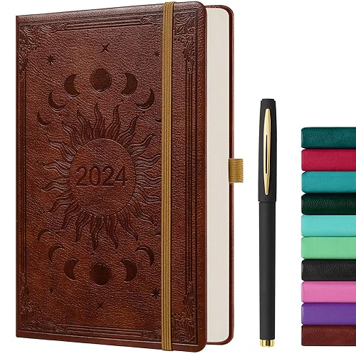 ZXHQ Diary 2024 A5 Week To View Full Year Planner | Weekly &amp; Monthly Planner with Pen Set | Jan-Dec | Pen Holder, Month Tabs, Built-in Pocket | A5(5.9 × 8.5 Inch) Brown