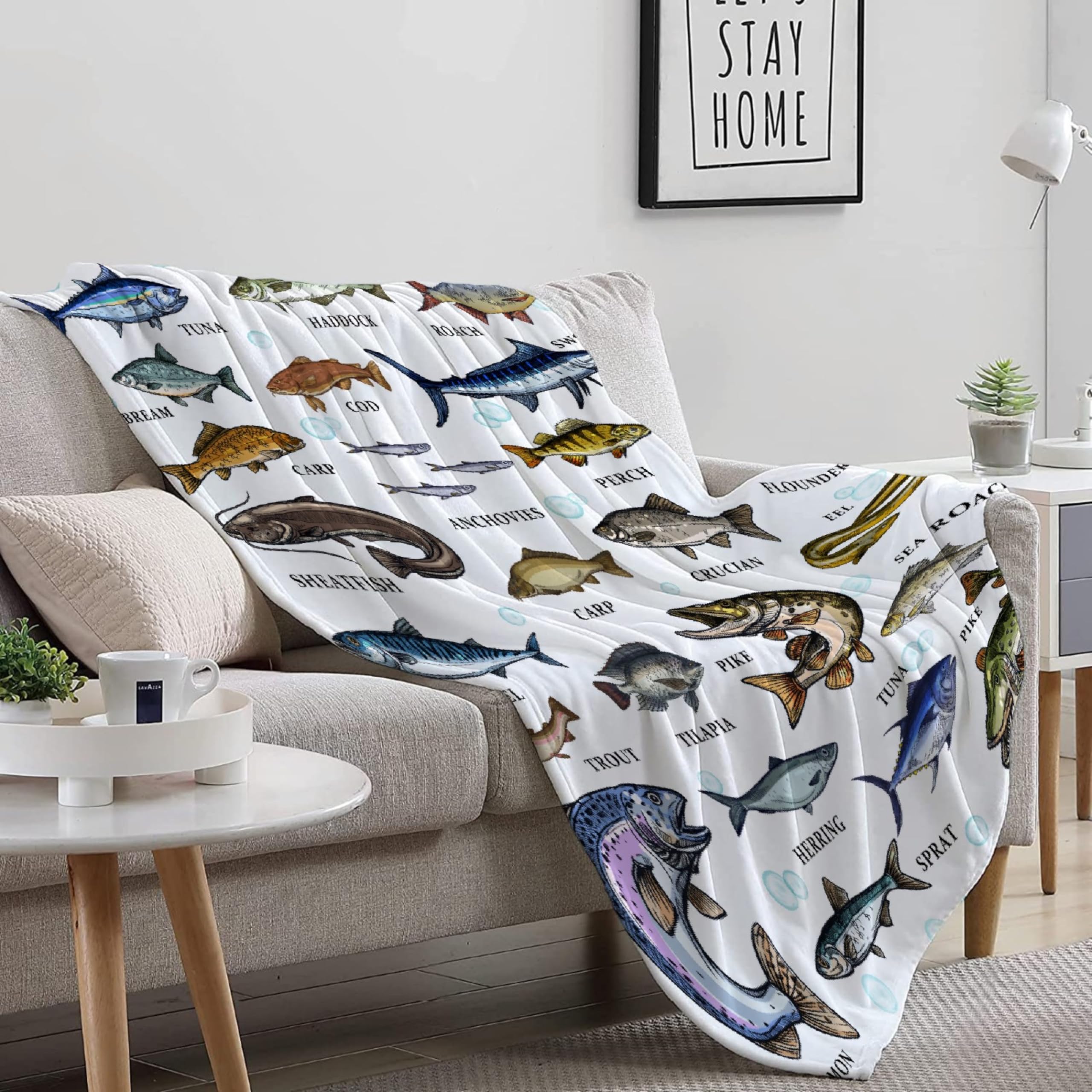 Types of Fish Flannel Fleece Throw Blanket, Ultra Soft Fluffy Fuzzy Blanket for Living Room Bedroom, Fishing Gifts for Dad Grandpa S 50
