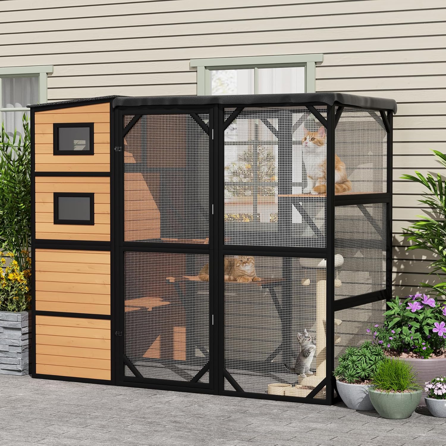 70" H Large Cat Enclosure, Outdoor 4-Tier Cat House for Multiple Cats, with Weatherproof Roof & Removable Waterproof Fabric, All-Weather Use,Orange