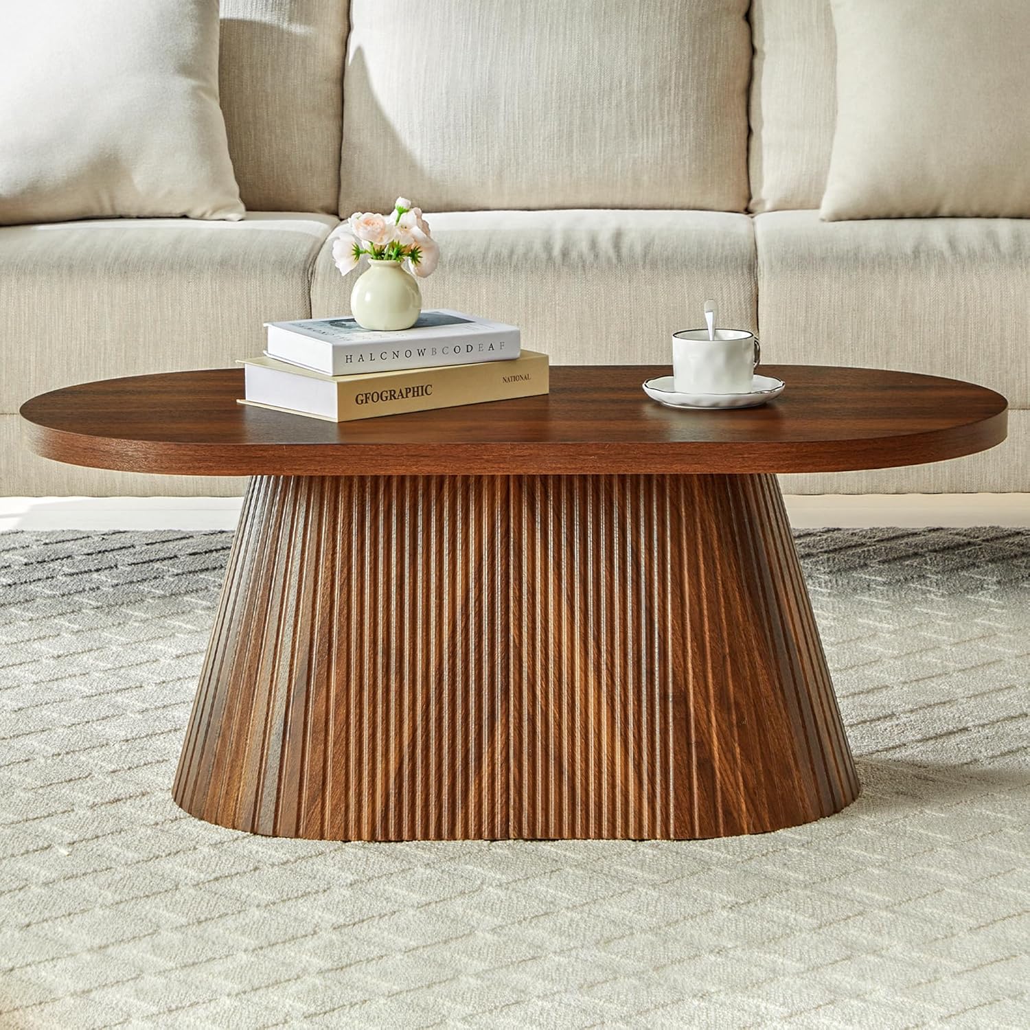 Oval Fluted Pedestal Coffee Table, Mid-Century Modern Small Coffee Table for Living Room Office (Walnut 1)