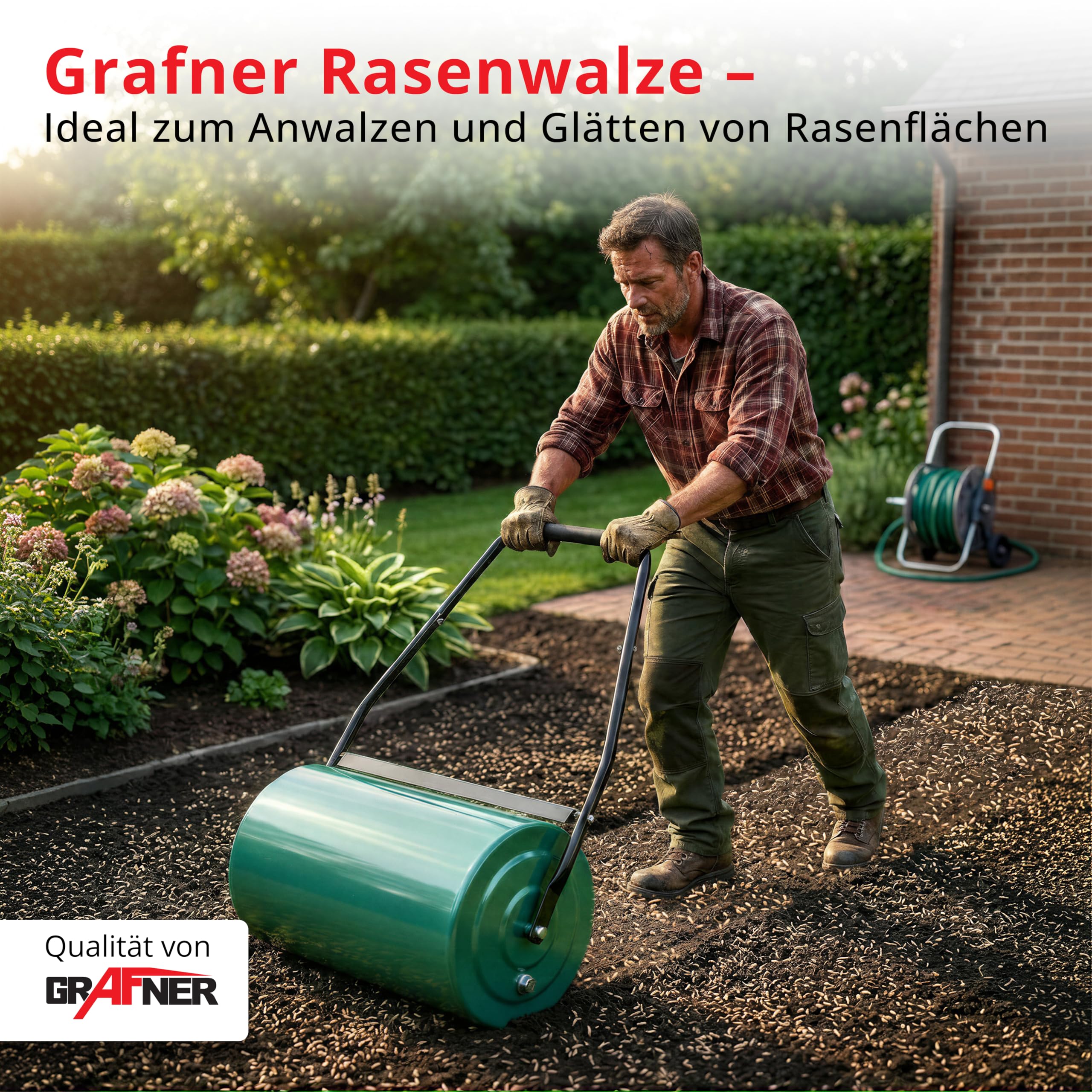 Grafner Rasenwalze 60 cm Arbeitsbreite, befüllbar mit Sand oder Wasser bis zu 60 kg, Durchmesser 32 cm, stabile Ausführung mit Abstreifern und Softgriff, Handwalze Rasenroller Walze