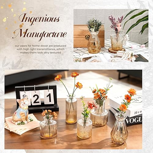 Miniatura 5 de Der Rose Juego de 12 jarrones de cristal ámbar, pequeños jarrones para flores, centros de mesa rústicos de boda y decoración del hogar