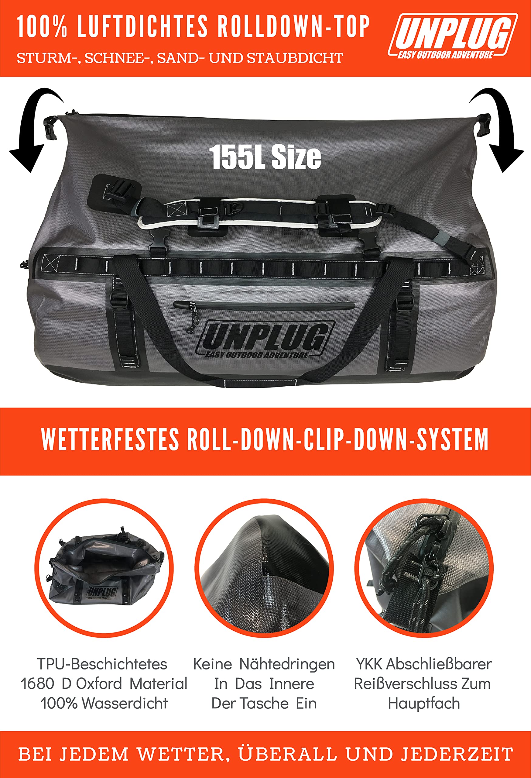 Unplug Ultimate Adventure Bag | 1680D strapazierfähige wasserdichte Seesack | wasserdichte Seesack für Camping, Motorrad, Trockentasche, Jagdtasche, Abenteuer-Sporttasche, wasserdichte Tasche