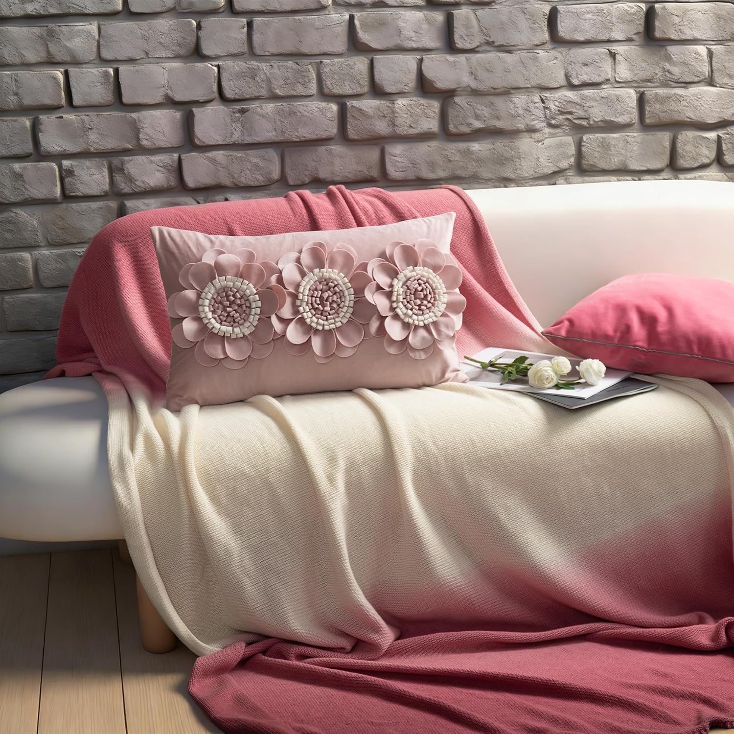 JWH 3D Flower Throw Pillow Cover Decorative Sunflower Accent Pillow Case Velvet Cushion Lumbar Pillowcase for Home Bed Sofa Couch Chair 12x20 Inches (Velvet, Dusty Pink White)