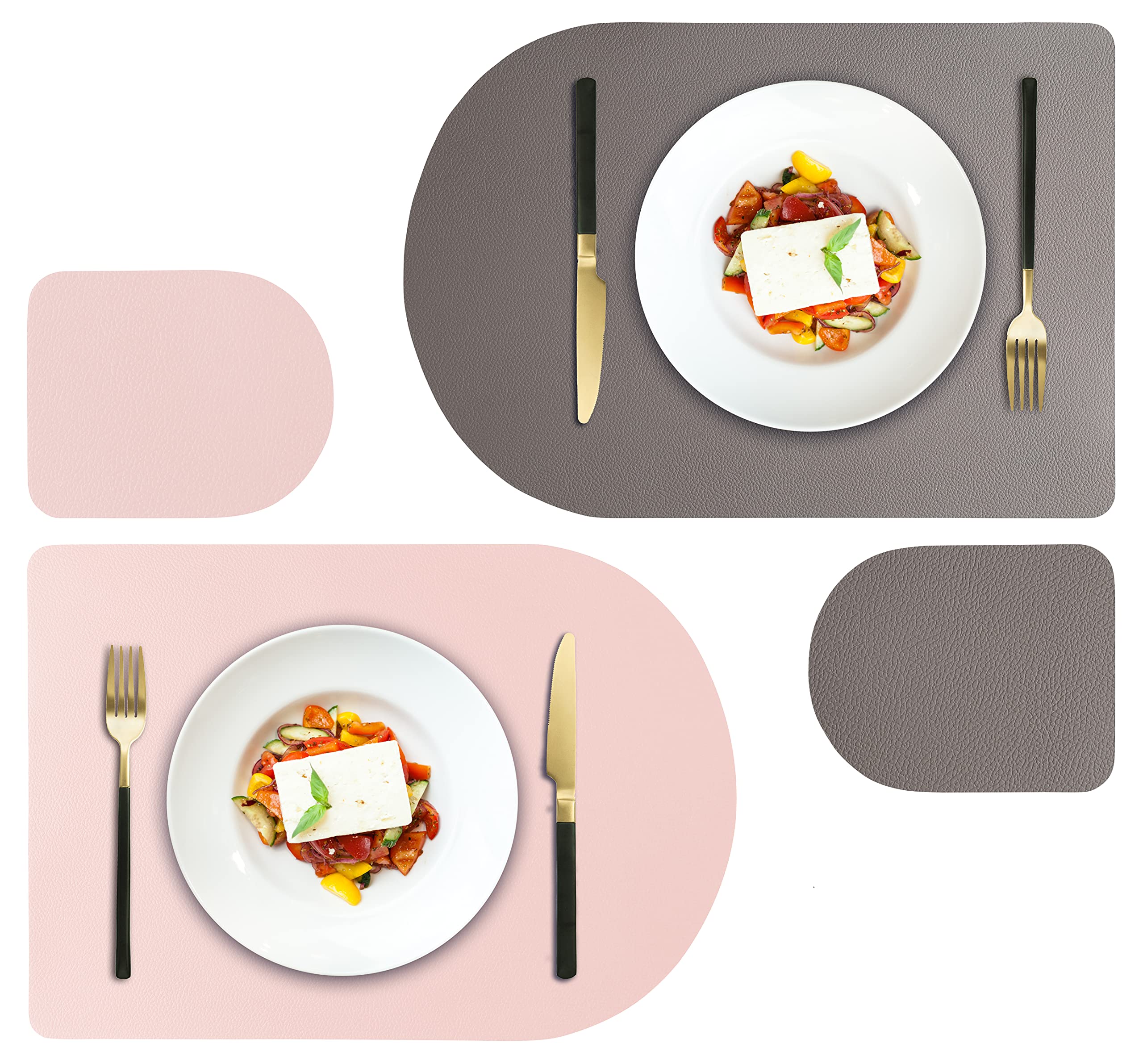 Placemats and Coasters Set of 4 for Couple 2 Sides Color Leather for Dinner Table Mats Coffee Coasters Non-Slip Washable Easy to Clean Heat-Resistant  (Pink + Dark Grey)