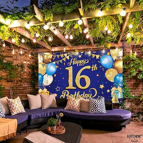Miniatura 2 de KatchOn, Cartel extragrande de feliz cumpleaños número 16 azul y dorado, 72 x 44 pulgadas, pancarta de fondo para decoraciones de cumpleaños de 16