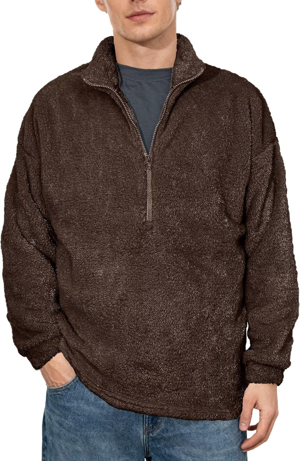 VahRuta Mens Fleece Quarter Zip Sherpa Jacket Sweater Pullover Fall Winter Long Sleeve Fleece Outwear