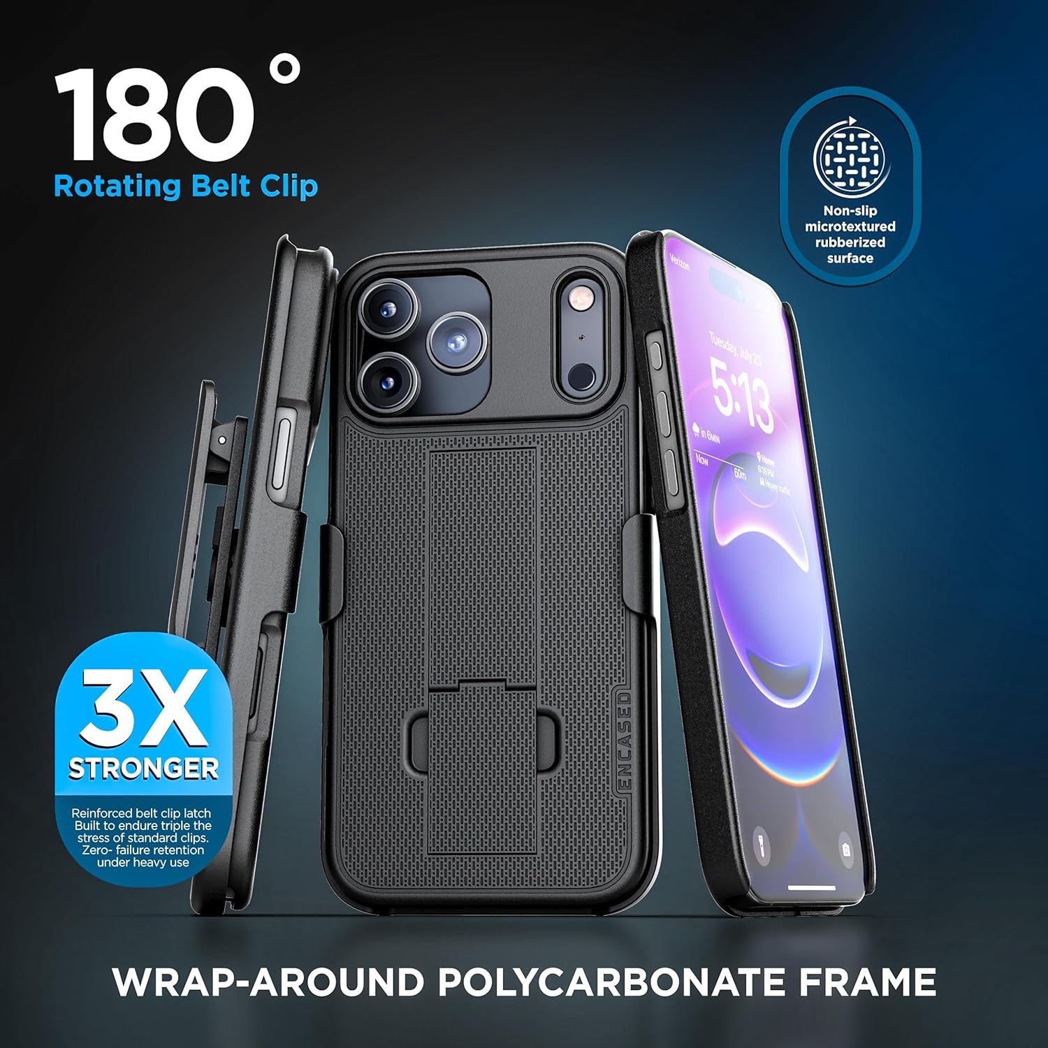 Encased® for iPhone 17 PRO Belt Case with Holster Clip and Kickstand, Rubberized Finish (DuraClip Series), Black - Image 4