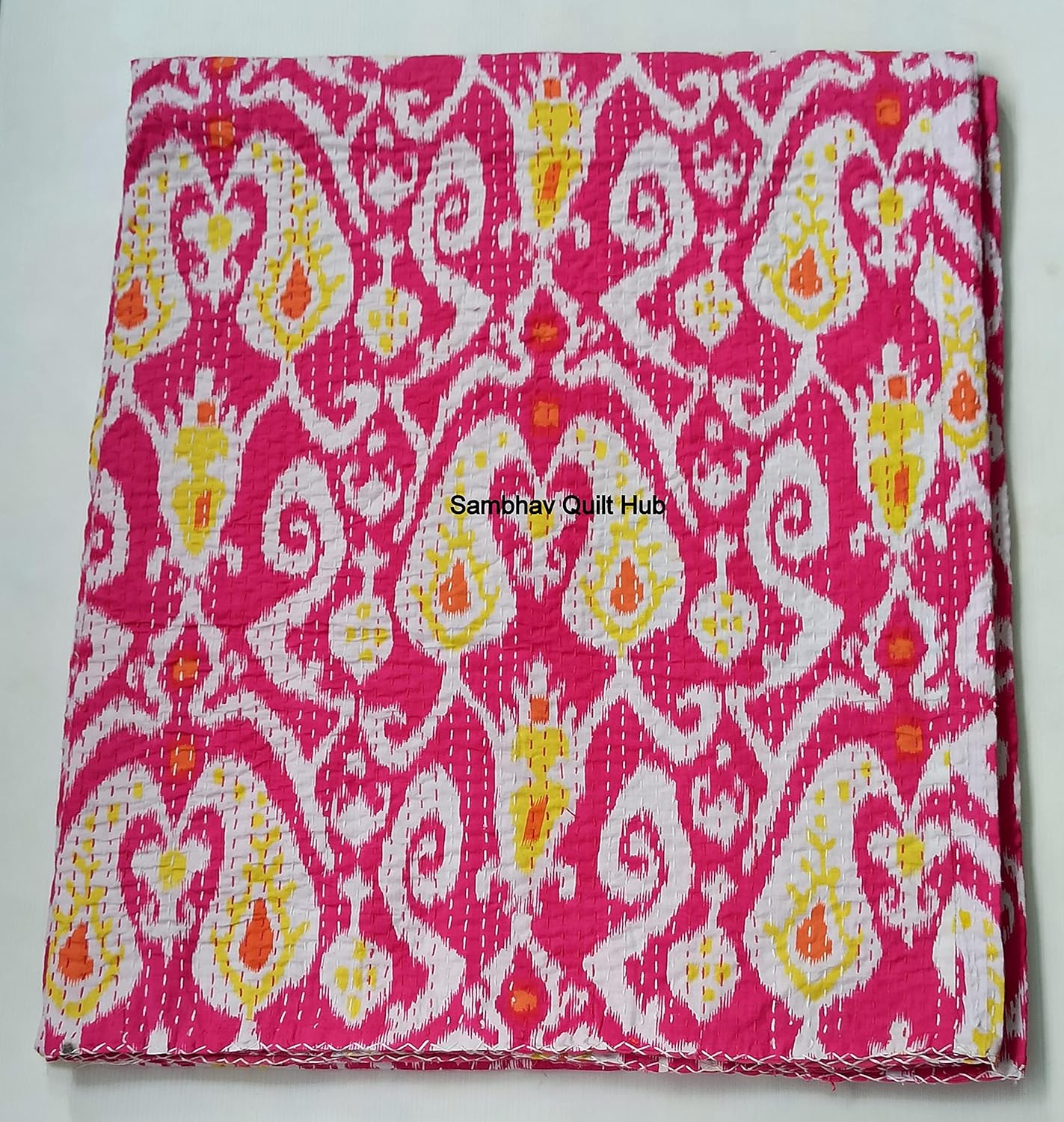 Traditional Indian Multi Ikat Print Vintage Gudri Handmade Kantha Quilt Indian Vintage Bohemian Bedding Bed Cover Sofa Cover Reversible Quilting Cotton Bedspread Decor Art with 2 Pillow Cover