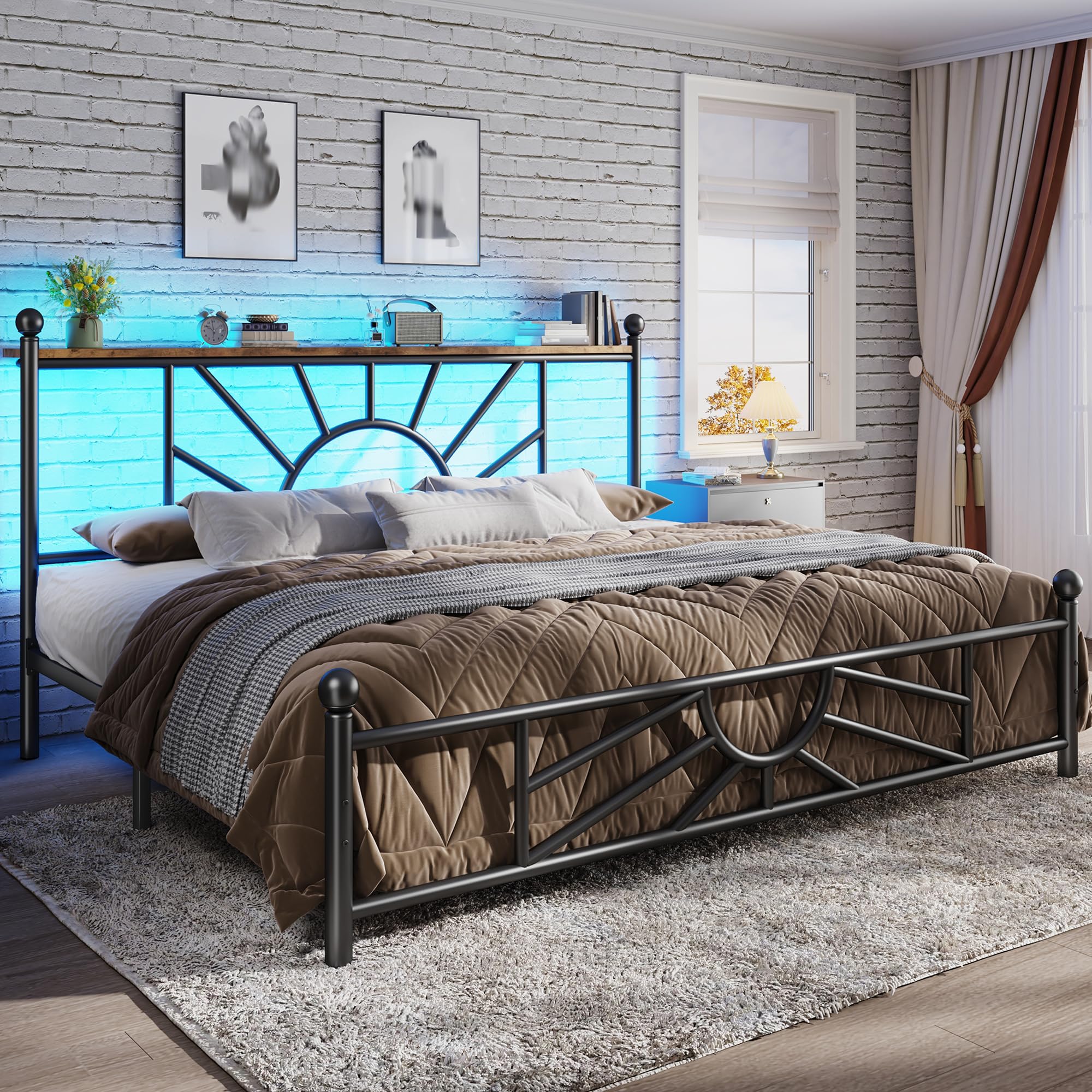 King Size Metal Platform Bed Frame with Classic Iron-Art Headboard LED Light Mattress Foundation with Under Bed Storage