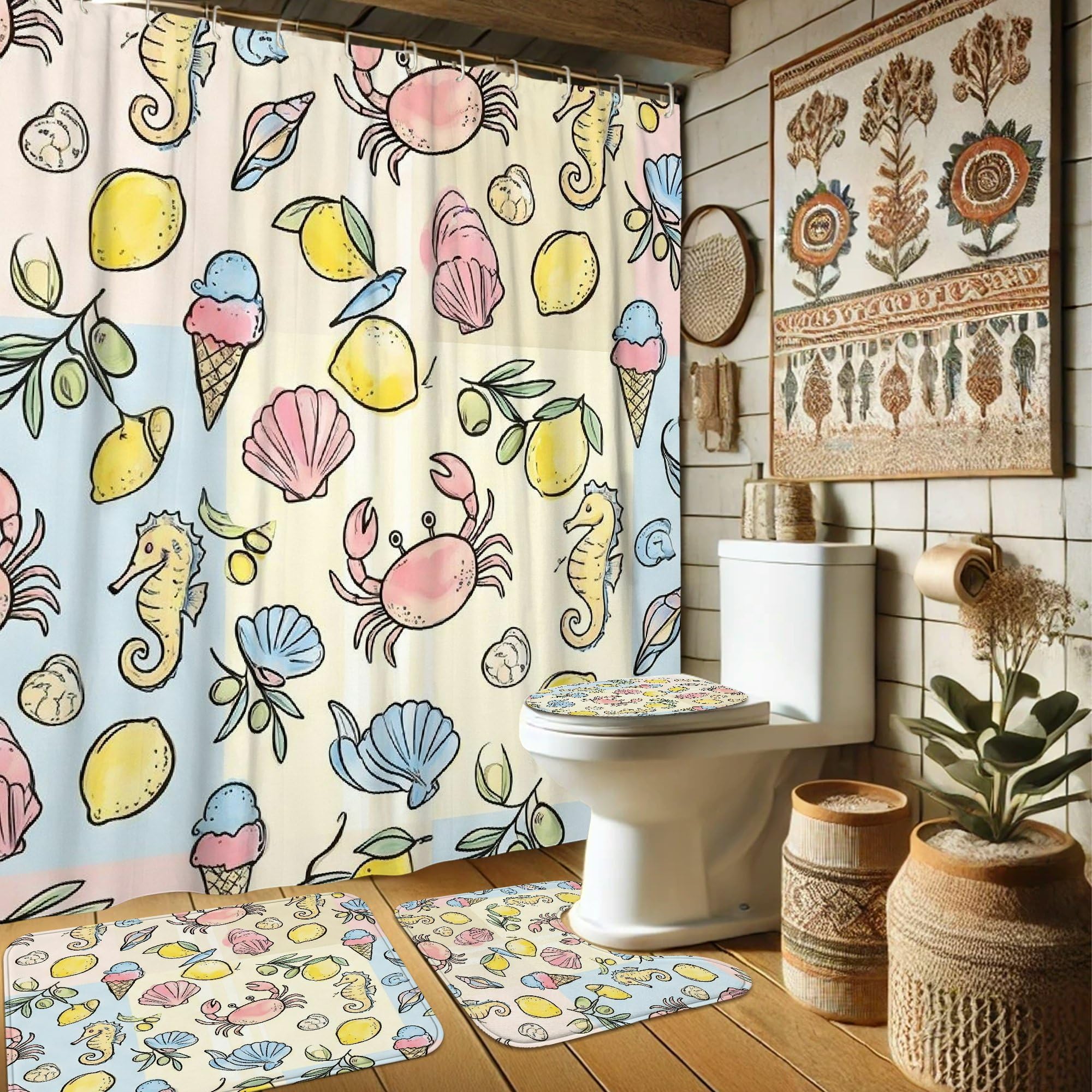 Ensemble rideau de douche crème glacée et jaune pastel en textile tissé
