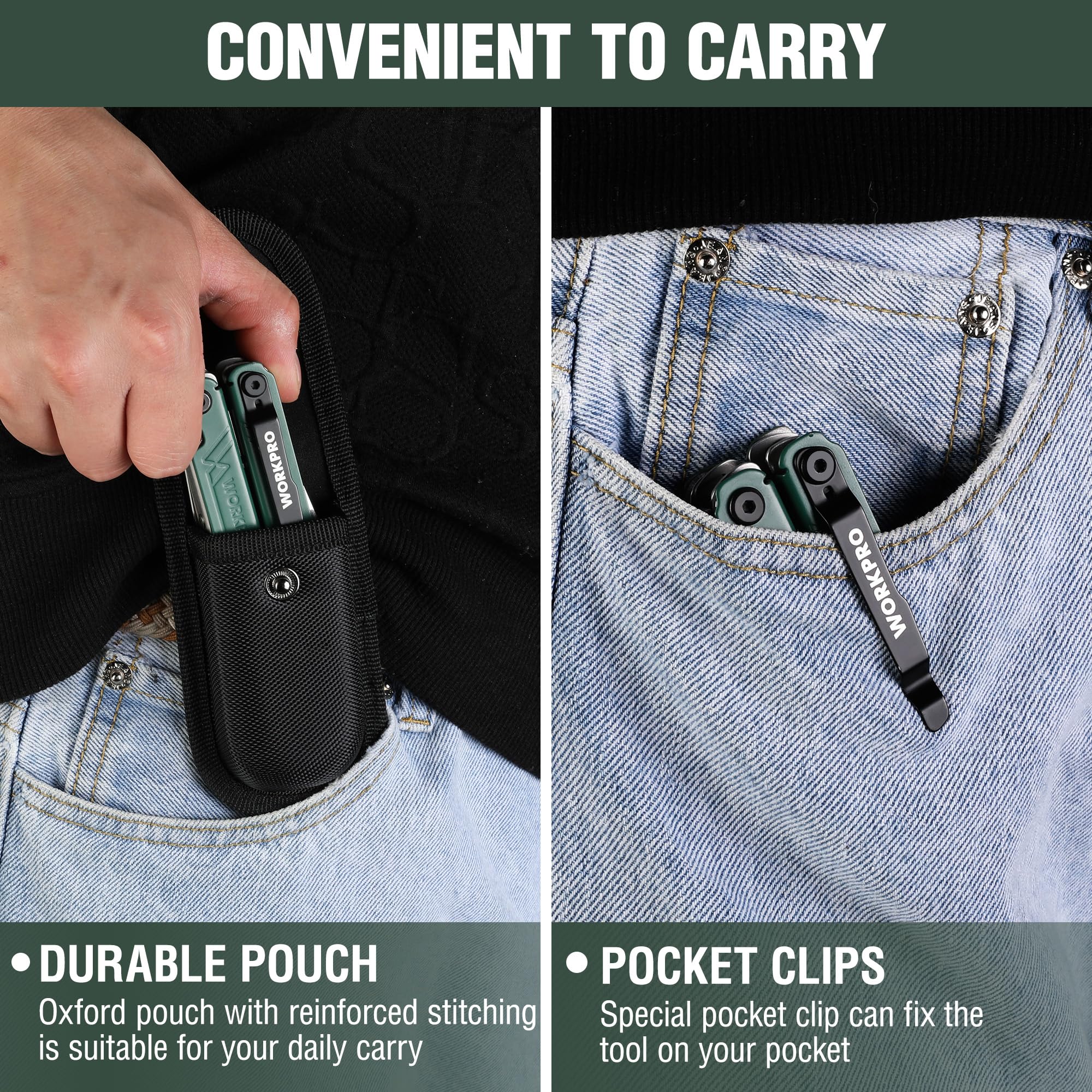 WORKPRO Pinza Multifunzione, Pinza Multiuso 18 in 1 con Borsa, Strumento Multifunzionale Pieghevole in Acciaio Inossidabile con Pinza Lima per Cacciavite per Campeggio, Verde