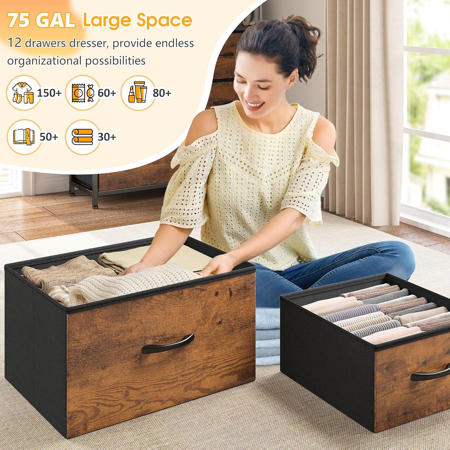 Dresser for Bedroom with 12 Drawers & LED Lights,4 Open Storage Shelves, Fabric Dressers & Chests of Drawers for Living Room, Entryway, Dorm, Wood Top,45.2" H x 35.4" W x 11.8" D, Rustic Brown