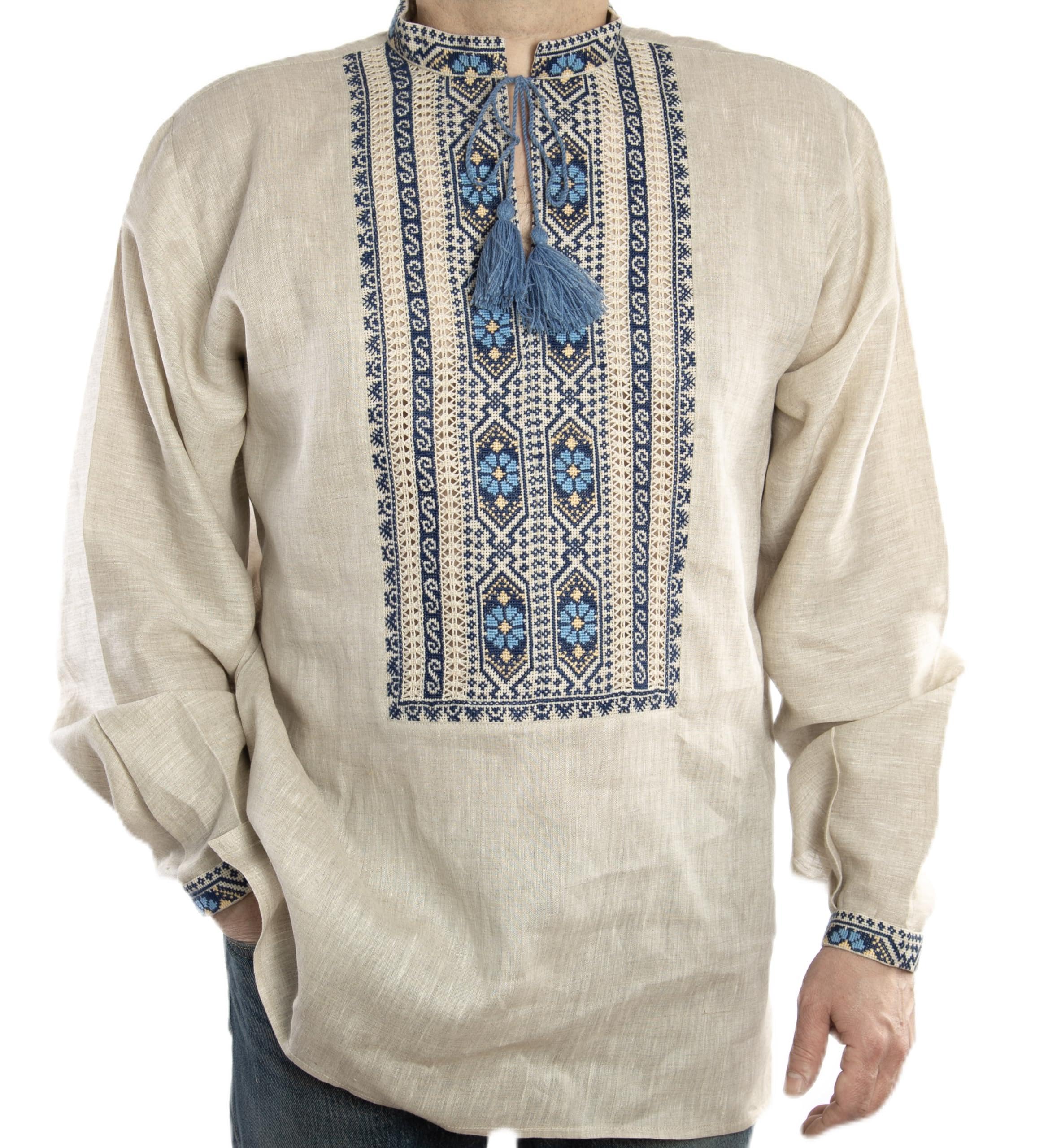 Ukrainian Vyshyvanka for Men Hand Cross Stitch Embroidered Green Beige Shirt Linen Size Large